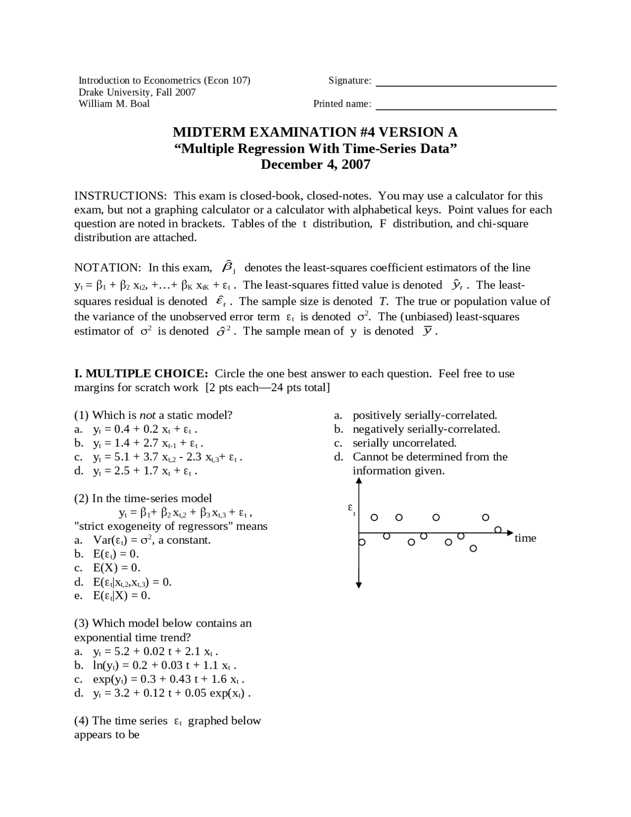 Midterm Exam 4 Version A Questions Econometrics Web And Classroom Econ 107 Docsity