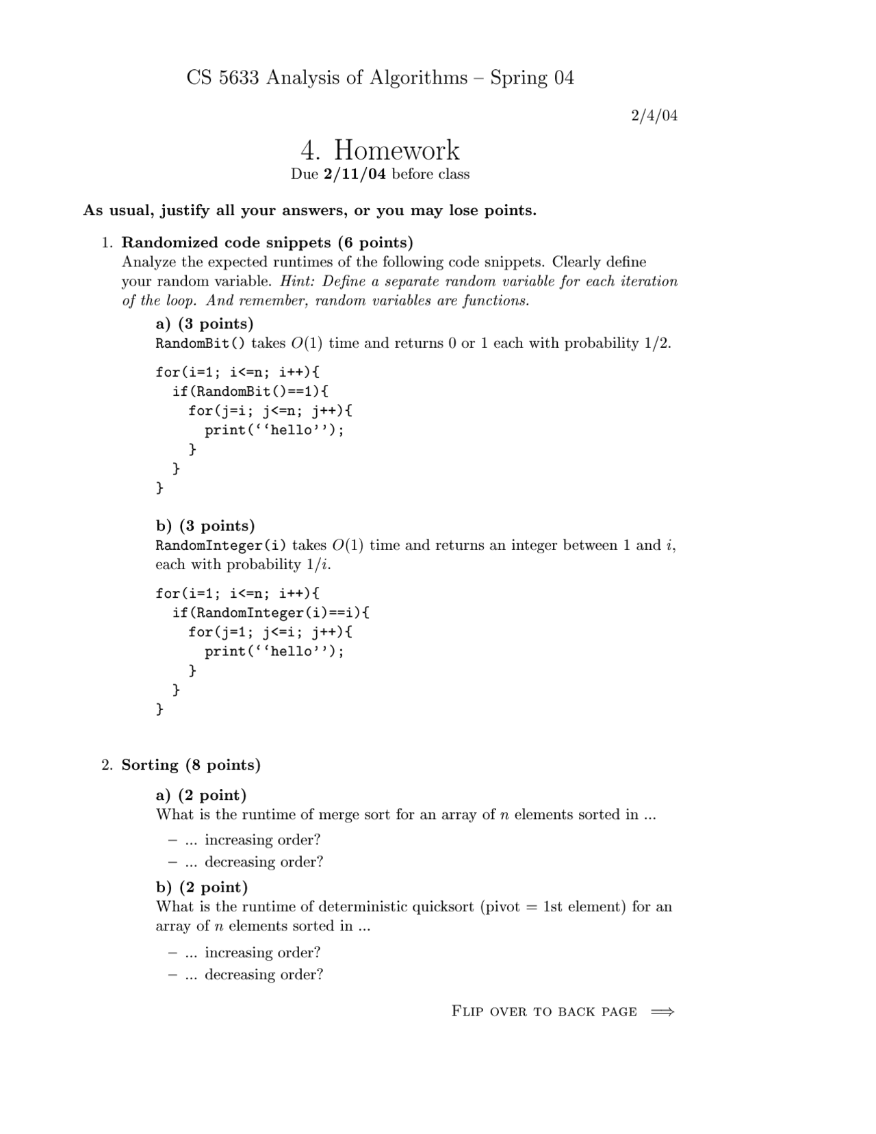 Analysis of Algorithms - Homework IV Questions | CS 5633 - Docsity