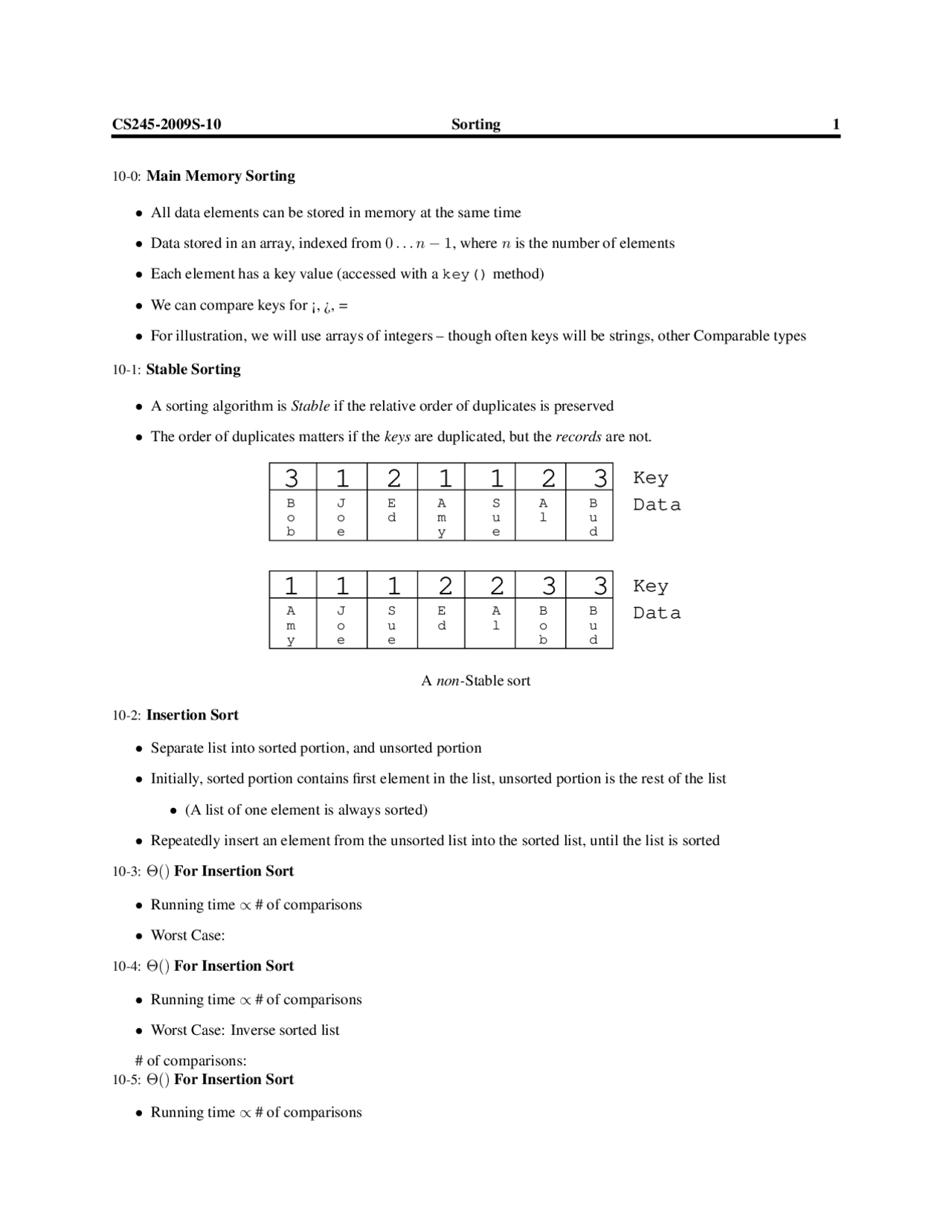 Notes on Sorting - Data Structures and Algorithms | CS 245 - Docsity