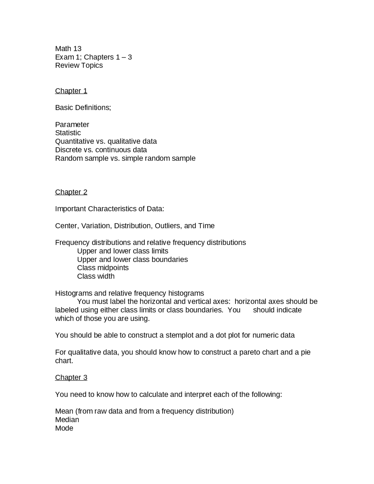 Review for Examination 1 - Elementary Statistics | MATH 0013 - Docsity