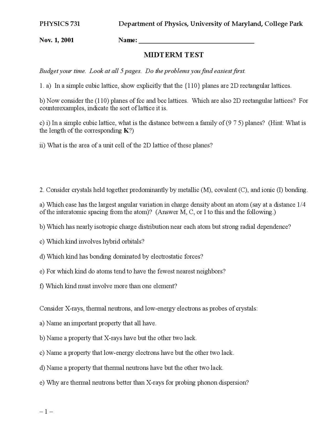 Sus Physics Questions 8 Problems on Solid State Physics Survey - Exam 1 | PHYS 731 - Docsity