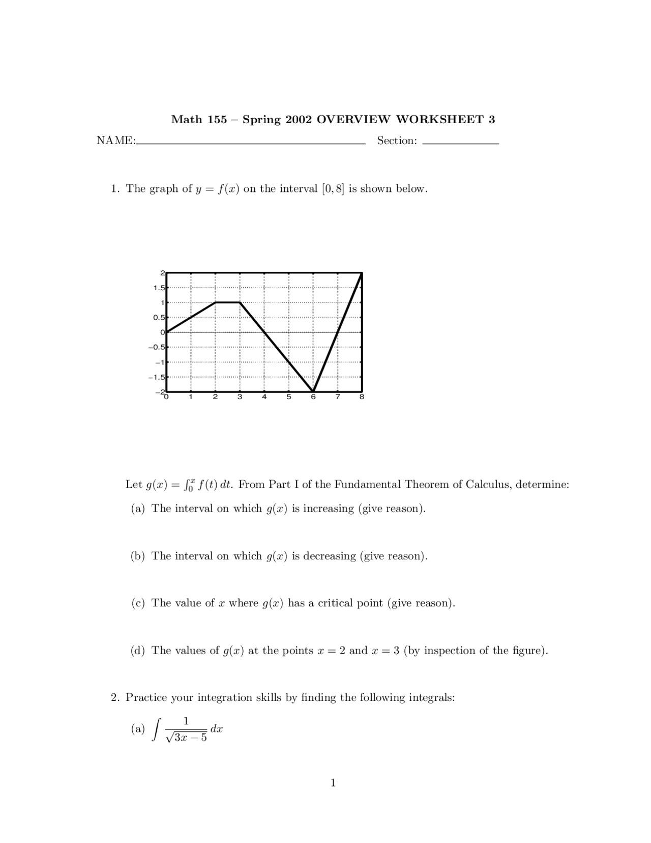 Overview Worksheet 3 | Calculus I | MATH 155 - Docsity