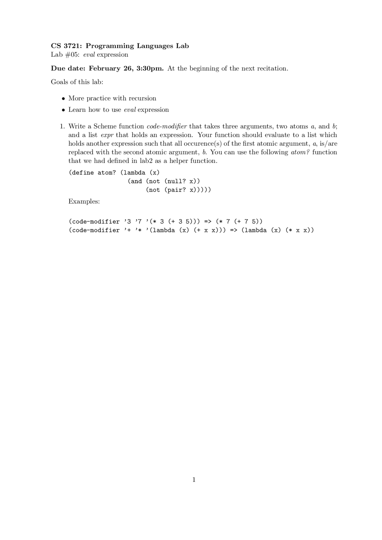 Lab 5: Evaluation Expression - Programming Languages Lab | CS 3721 ...