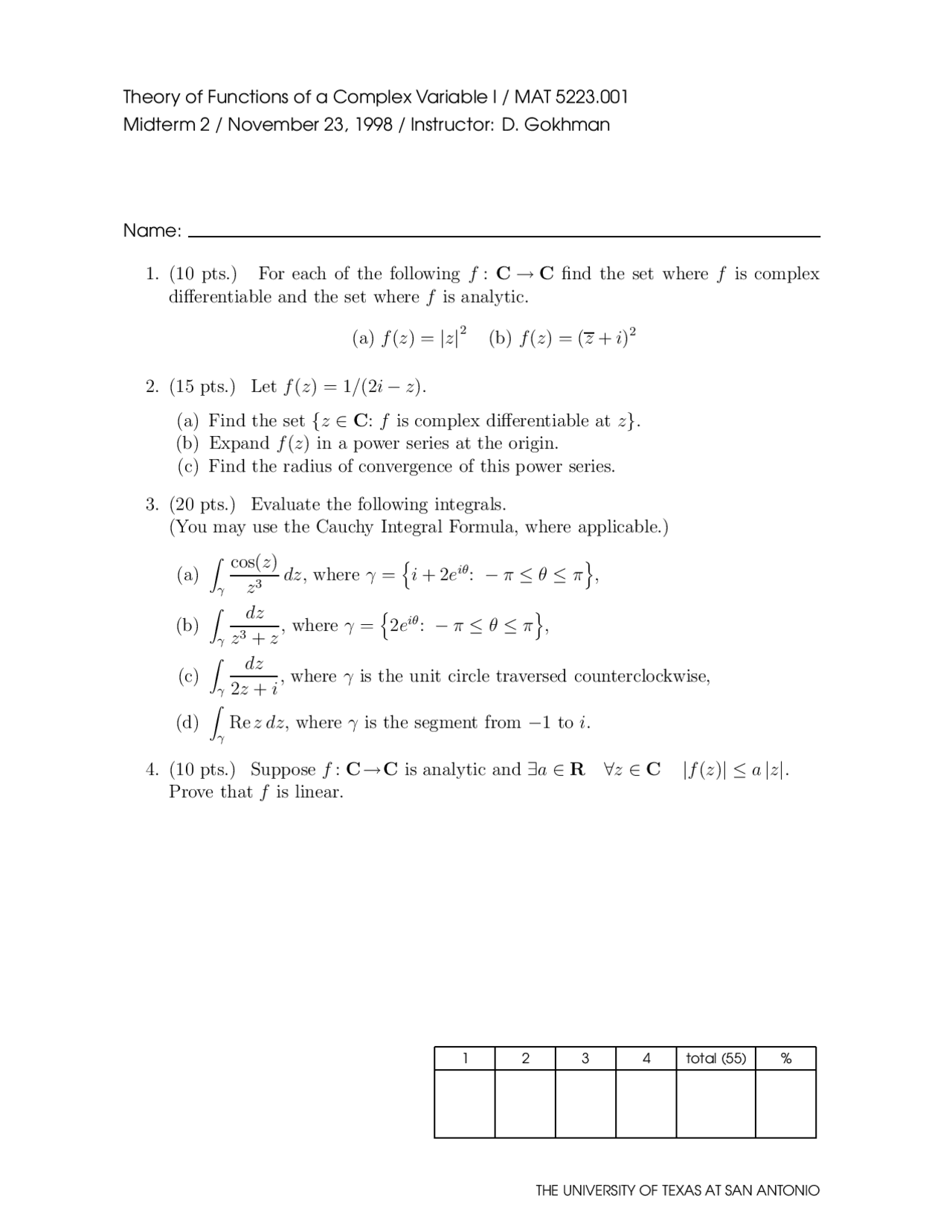 Midterm Exam for Theory of Function of a Complex Variable I | MAT 5223 ...