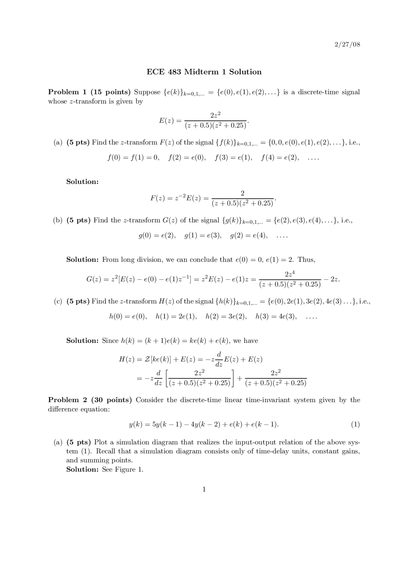 Midterm 1 Solutions Digital Control Systems Analysis And Design Ece 400 Docsity