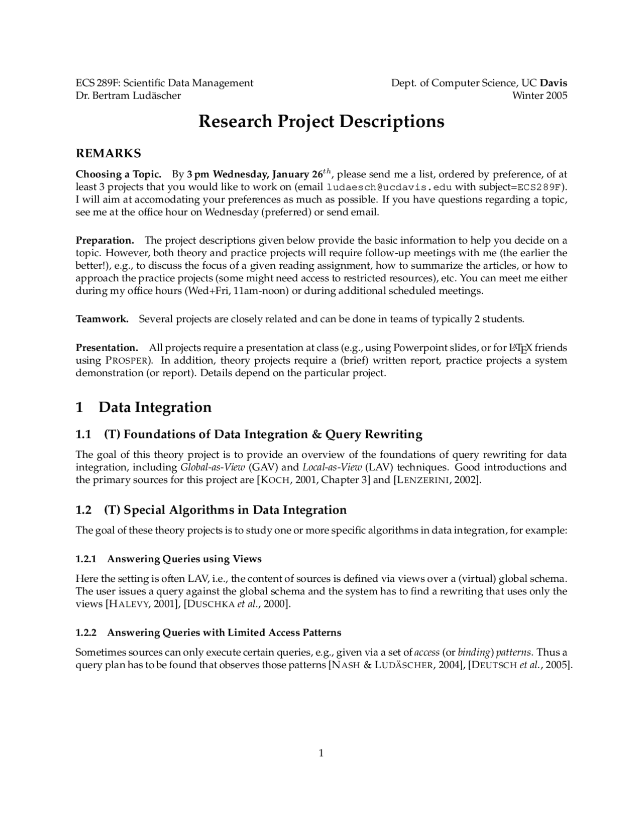 Academic Project Description Examples Research Project Description - Databases | ECS 289F - Docsity