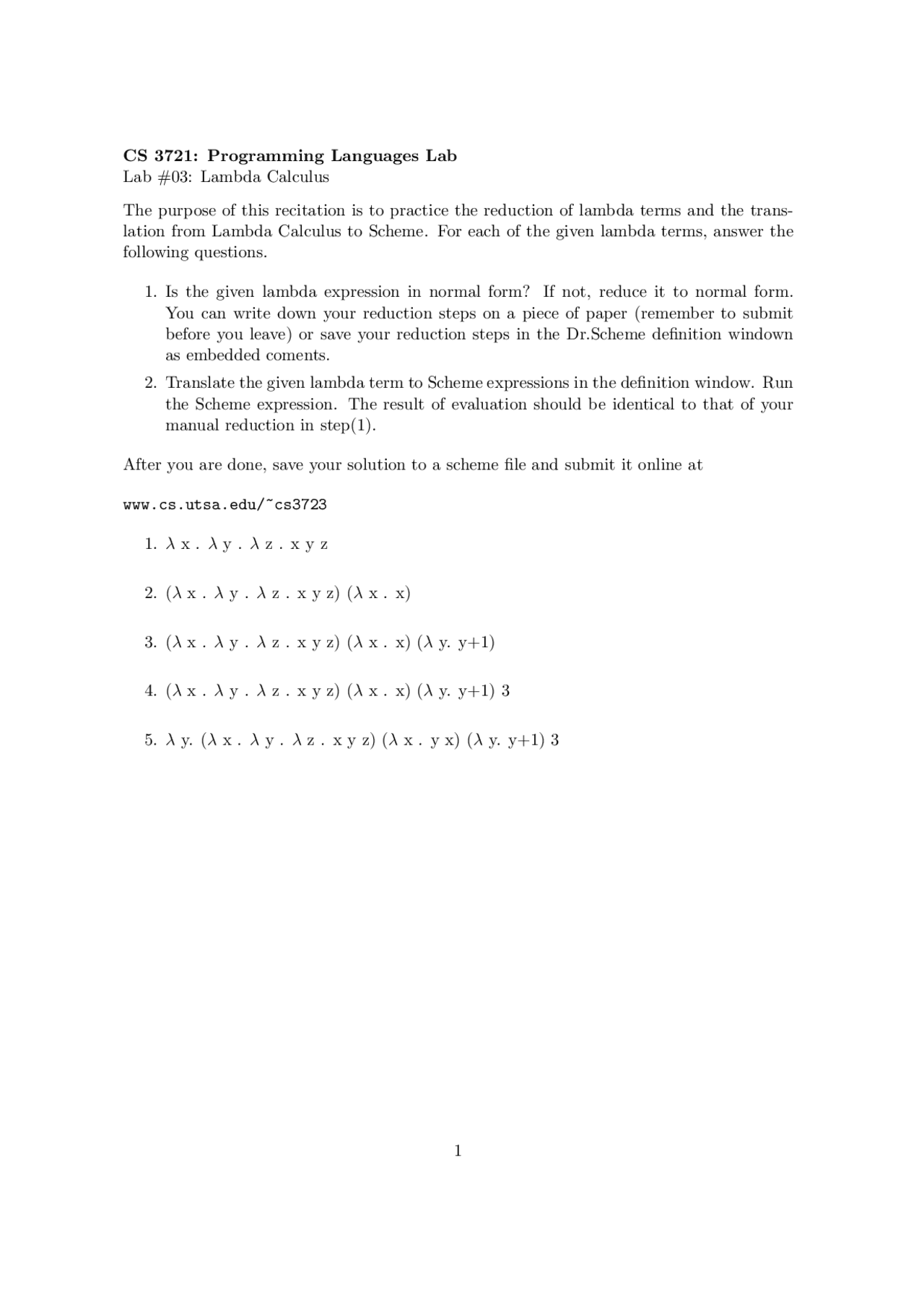 Lambda Calculus - Programming Languages Recitation - Lab 3 | CS 3721 ...