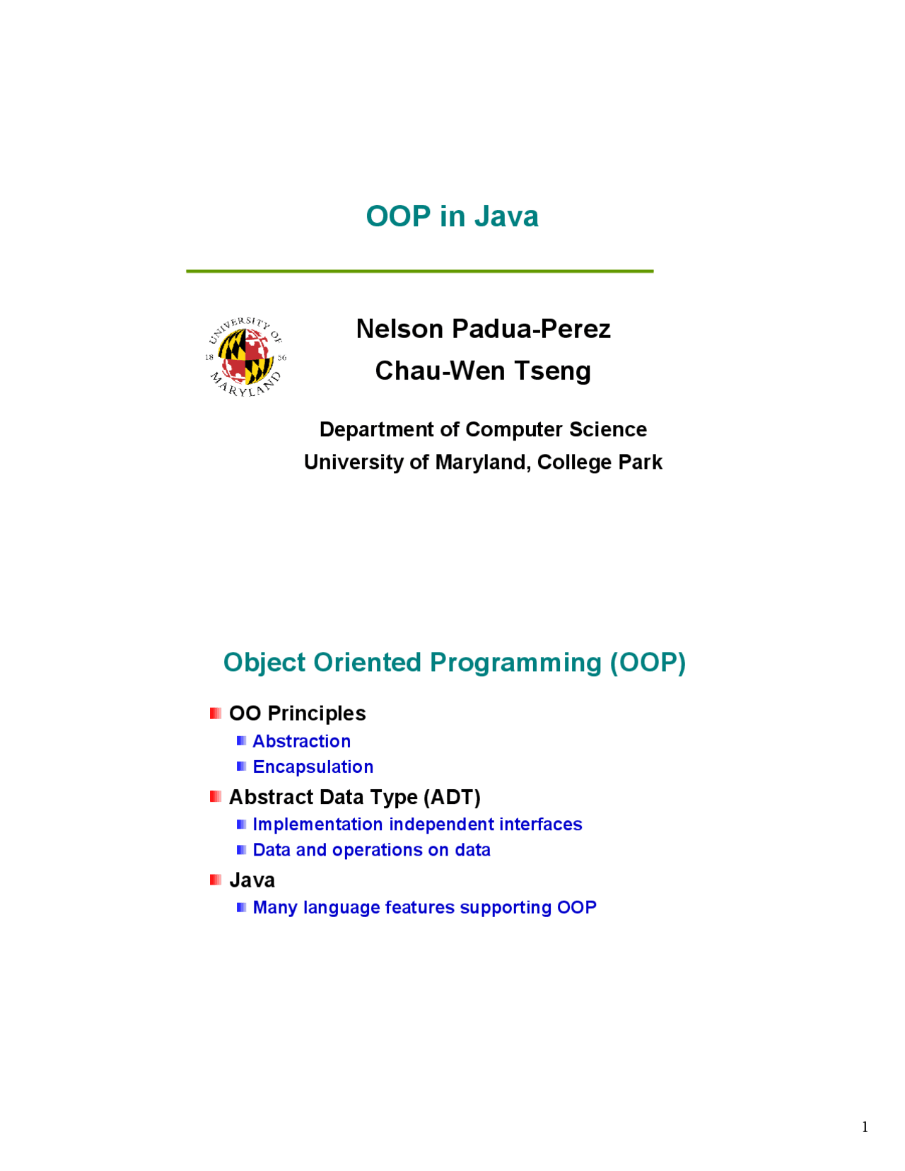 OOP in Java - Lecture Slides - Object-Oriented Programming II | CMSC ...