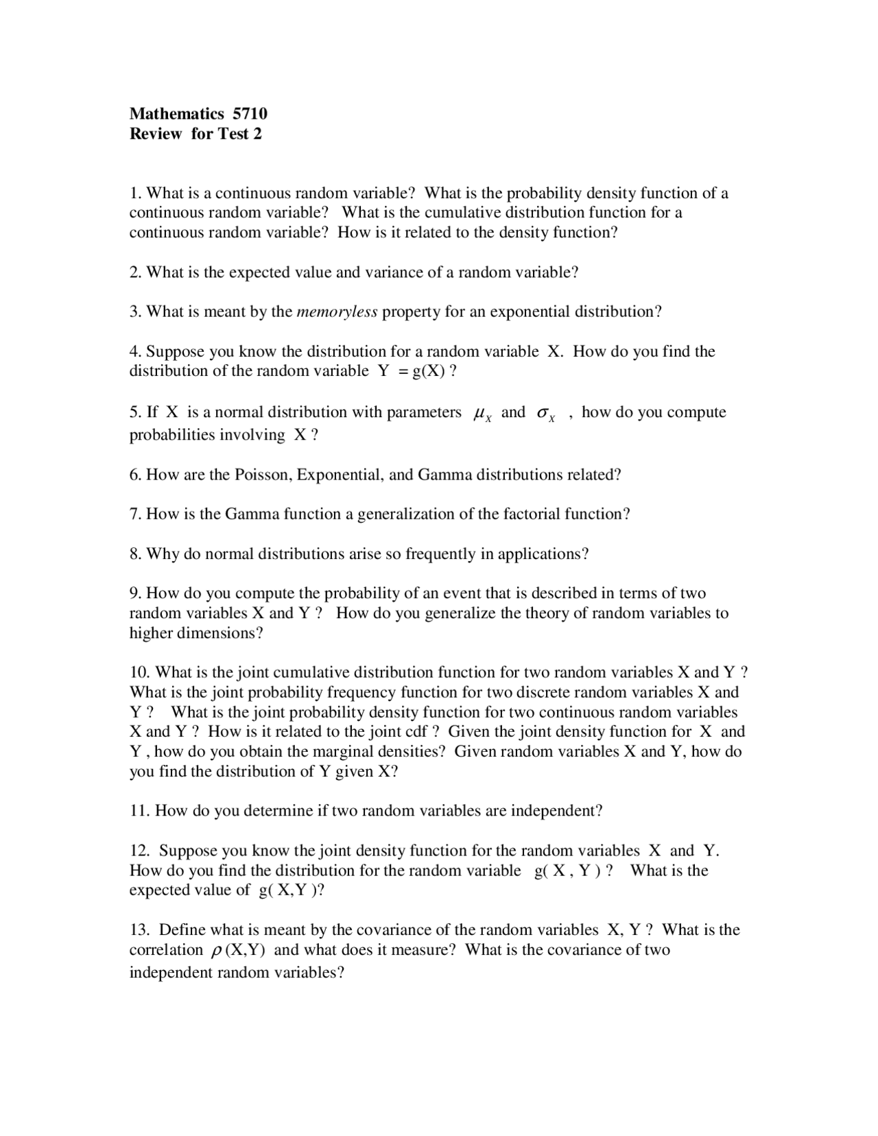 Review Problems for Test 2 - Introduction to Probability | MATH 5710 ...