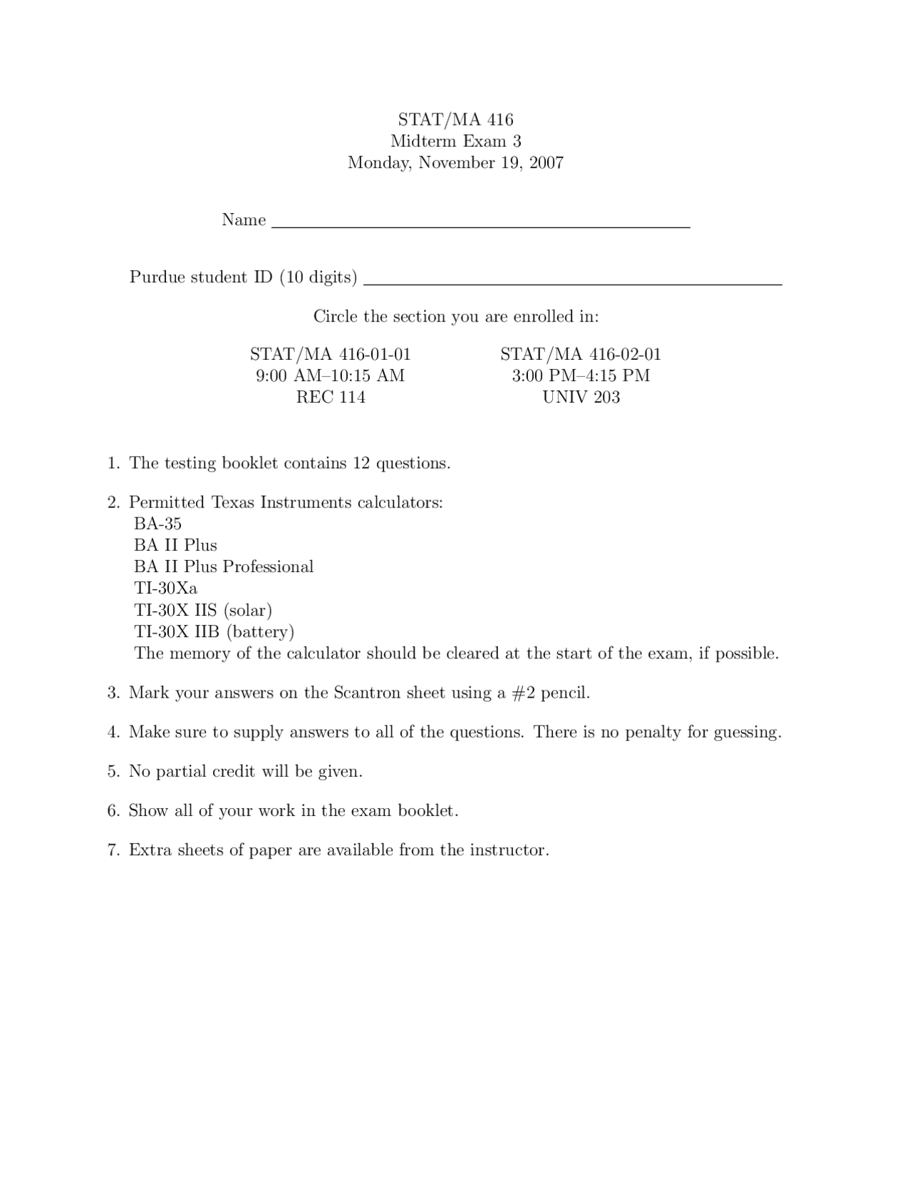 Midterm Exam 3 with Answers - Probability | STAT 41600 - Docsity