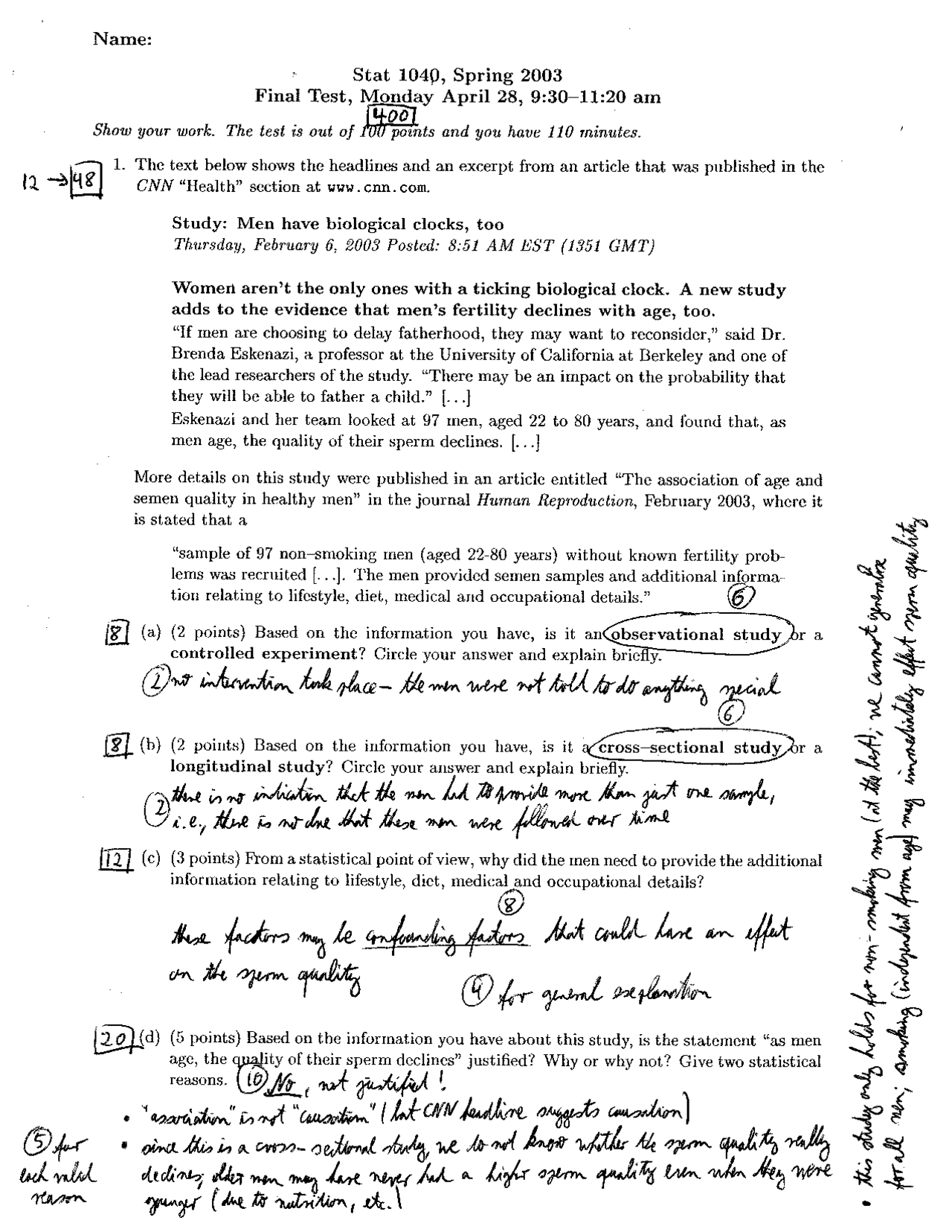 Solved Final Exam Paper - Introduction to Statistics | STAT 1040 - Docsity