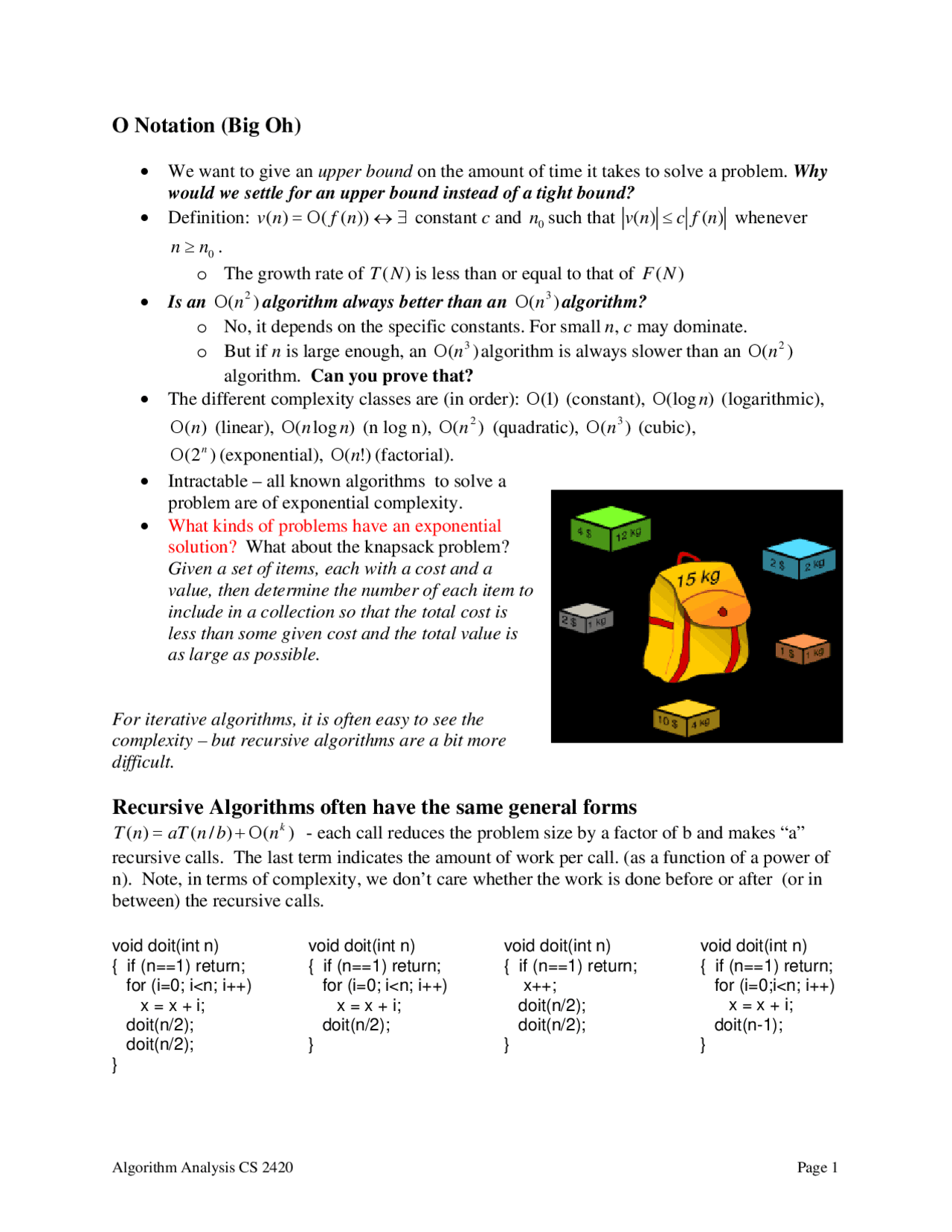 Notes on Notations, Recursive Algorithms | CS 2420 - Docsity