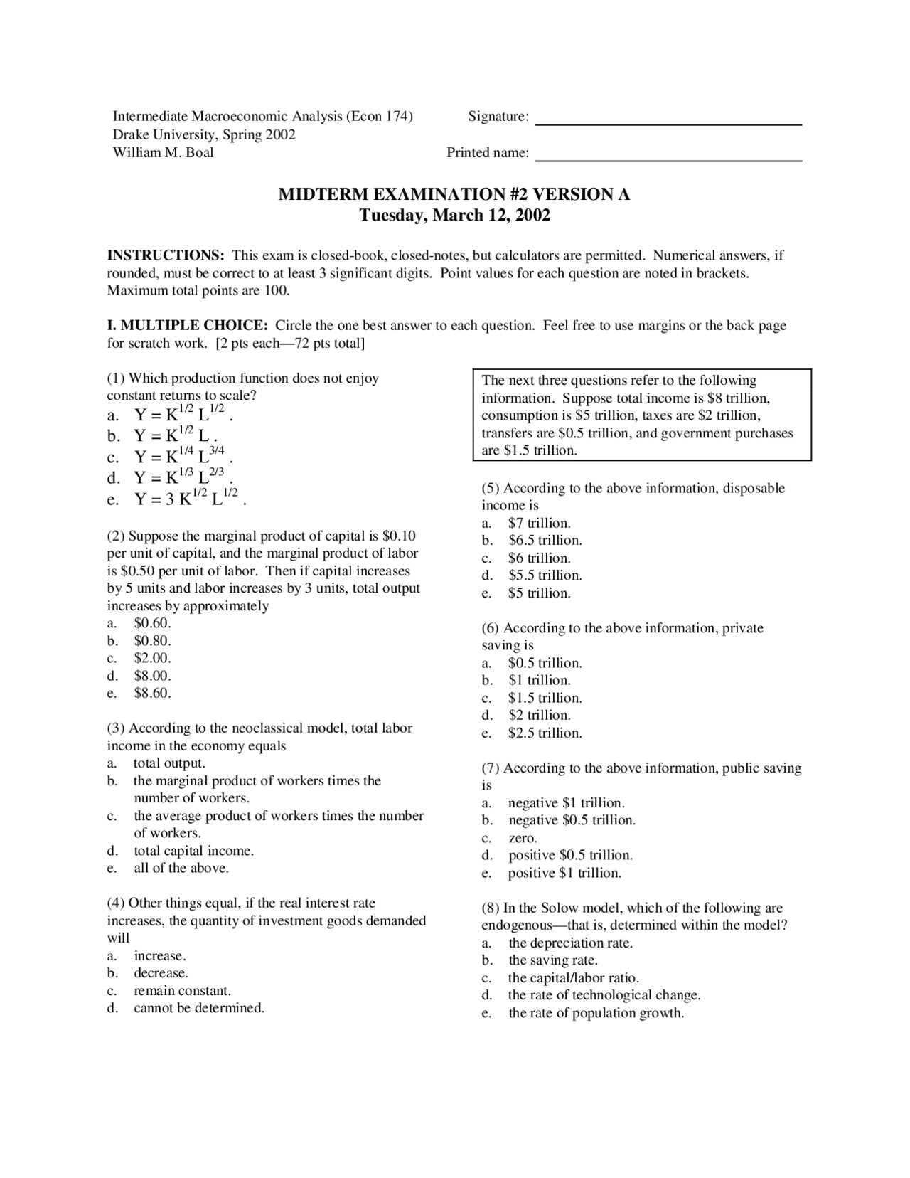 Midterm Exam 2 Form A Intermediate Macroeconomic Theory Econ 174 Docsity