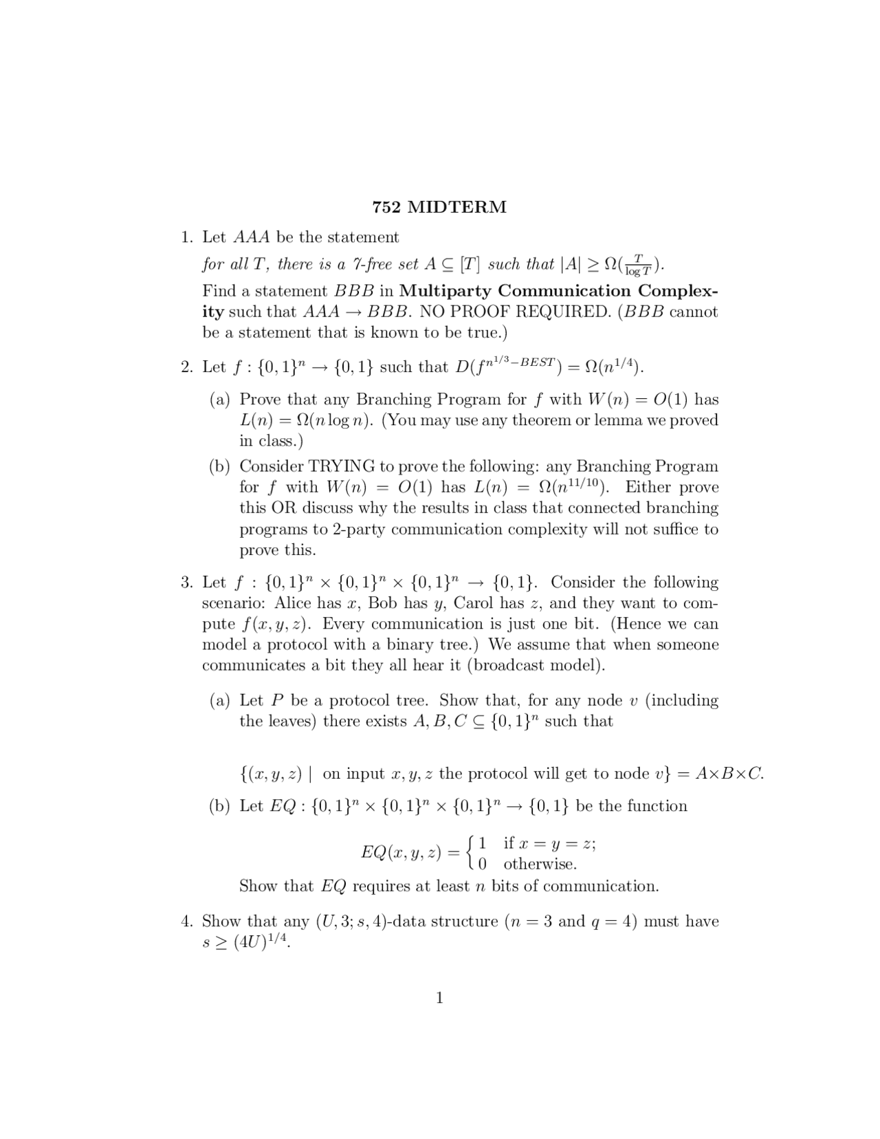 4 Questions Of Multiparty Communication Complex Midterm Exam Cmsc 752 Docsity