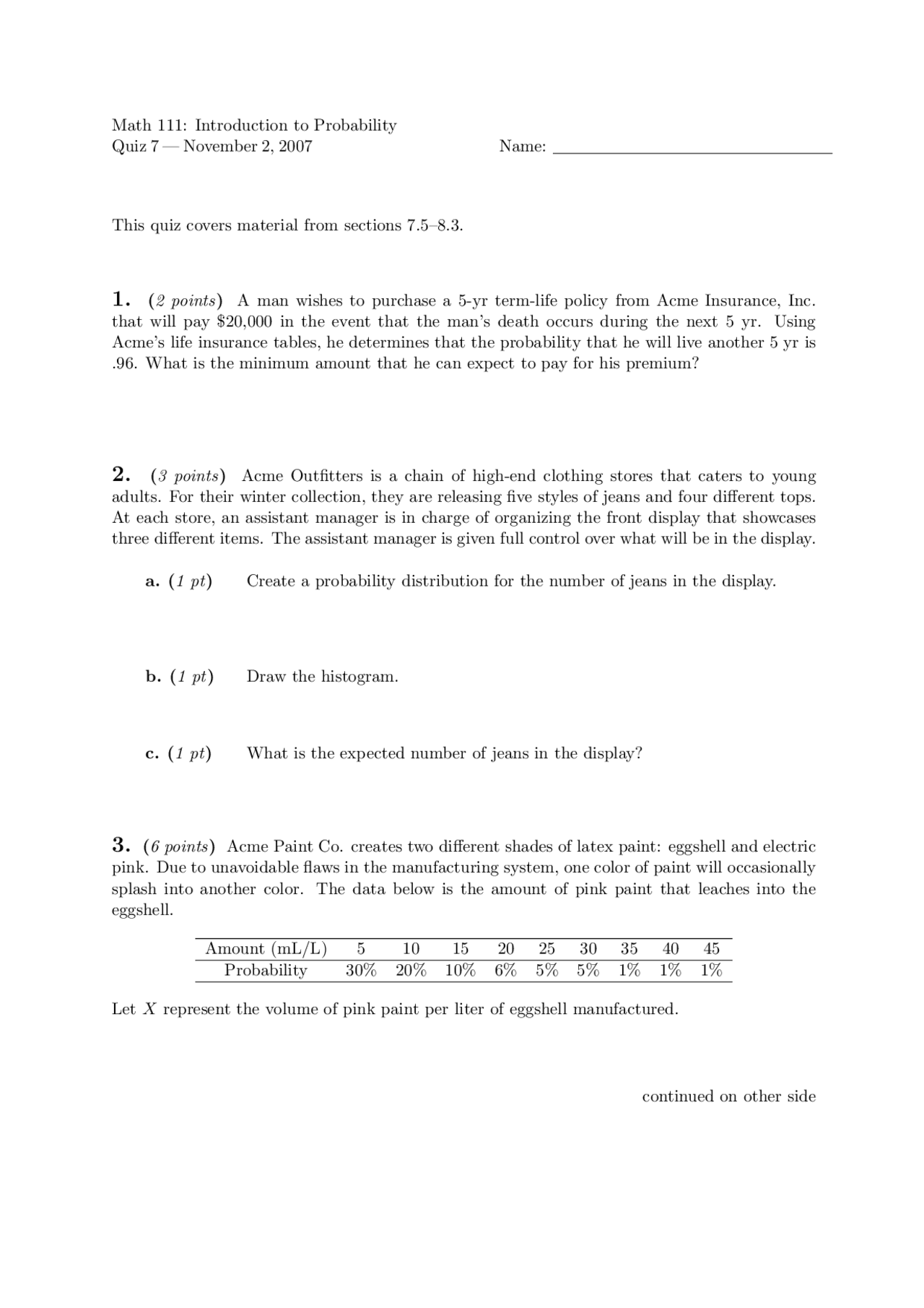 Unsolved Quiz 7 - Introduction to Probability | MATH 111 - Docsity
