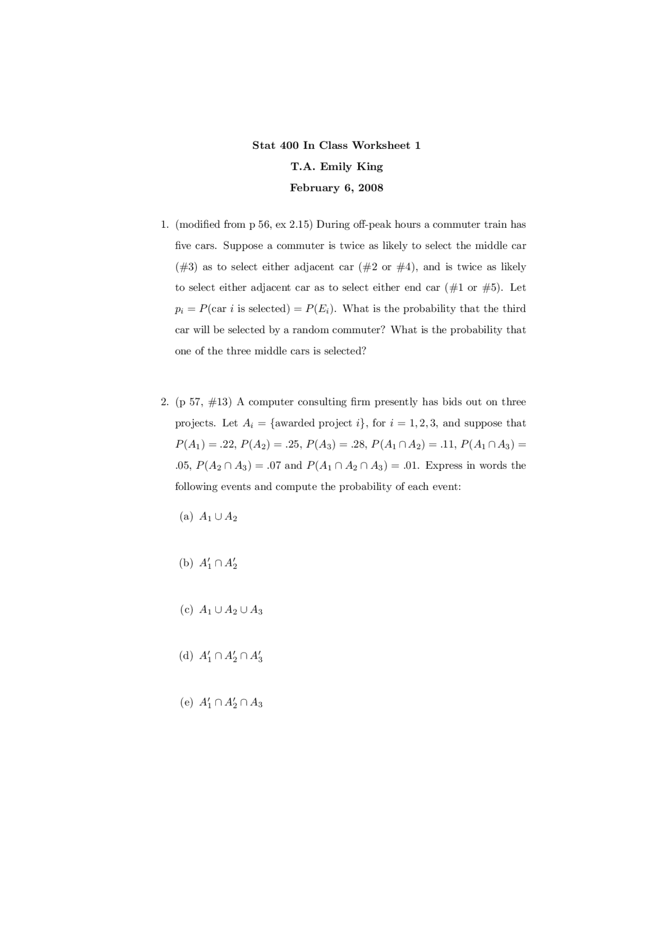 Worksheet 1 - Applied Probability and Statistics | STAT 400 - Docsity