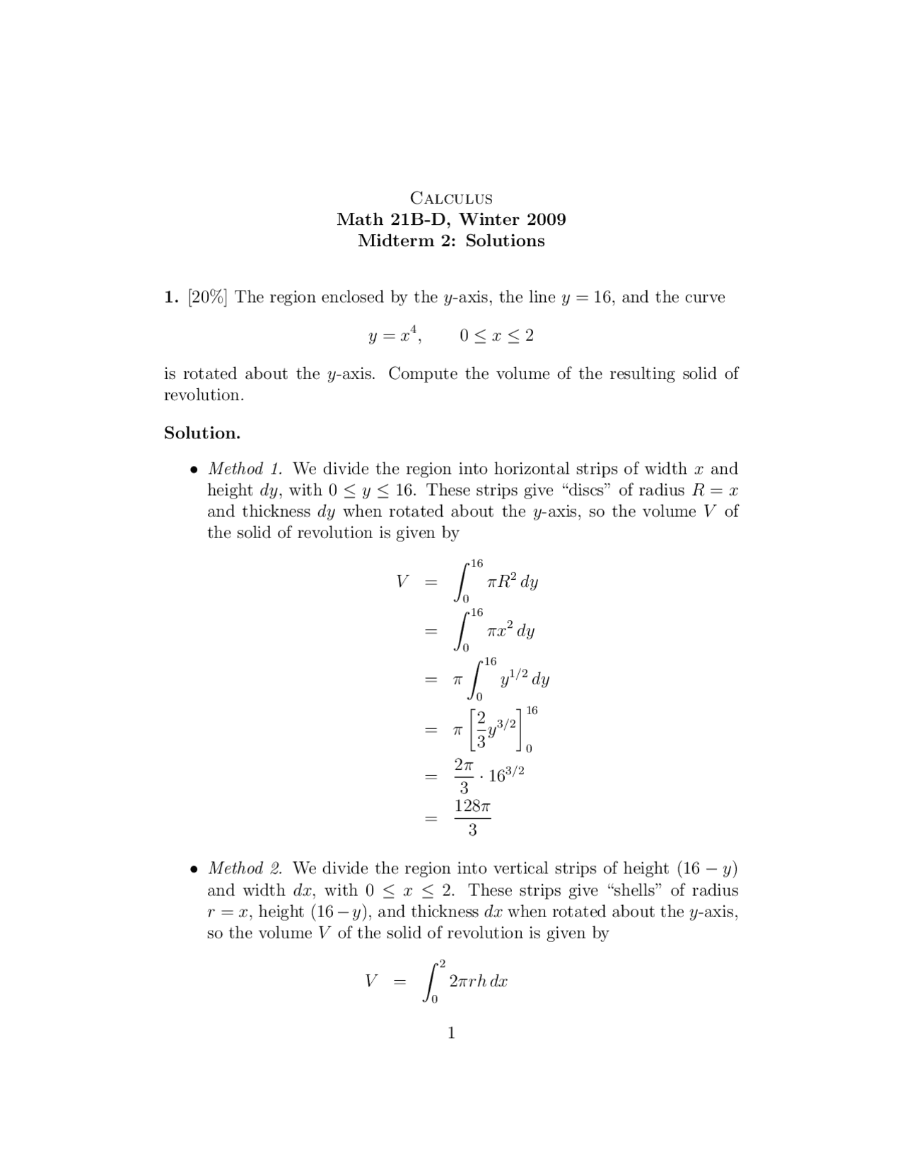 Solutions to Midterm 2 Calculus Math 21B-D, Winter 2009 | Exams ...