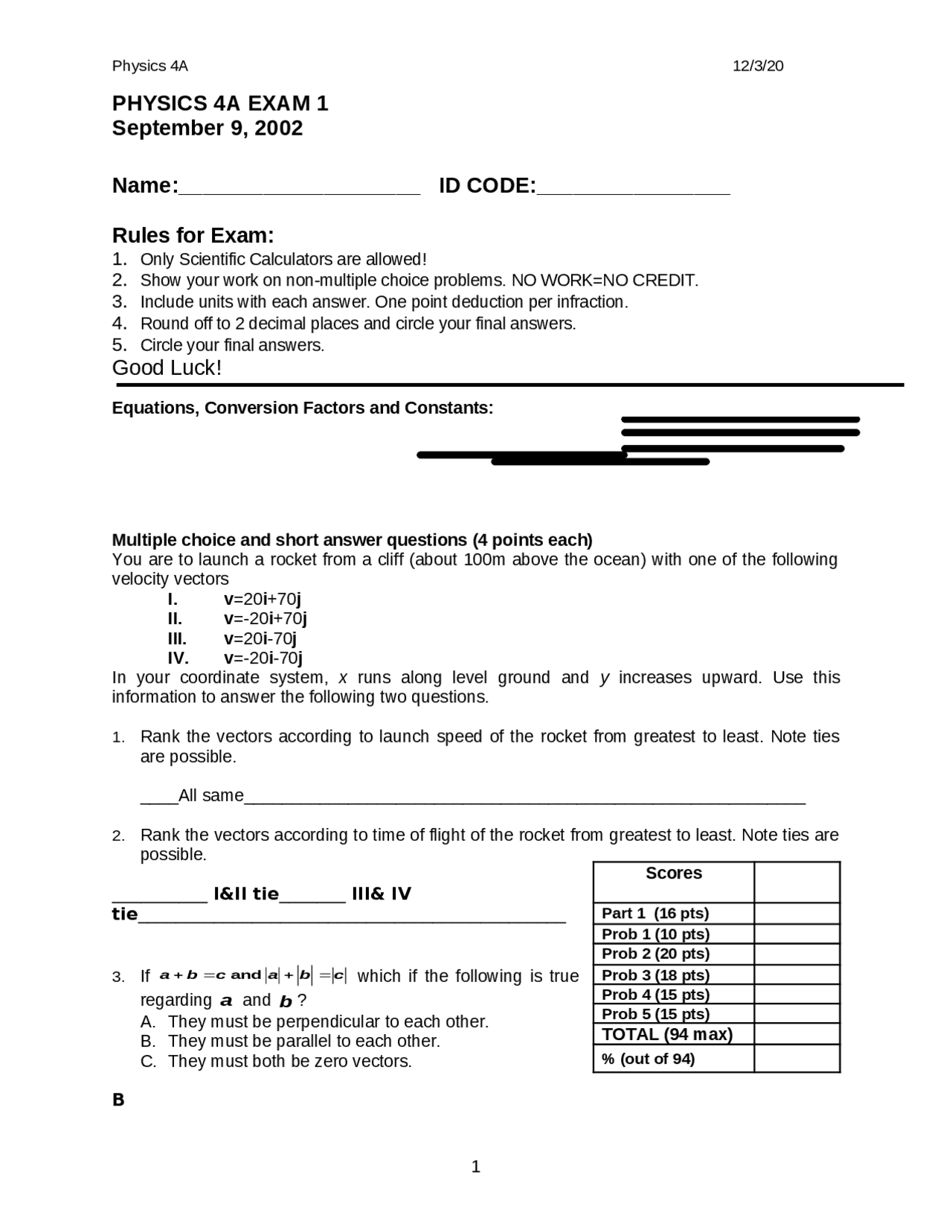 Solved Exam 1 for Principles Physics: Mechanics | PHYS 0004A - Docsity