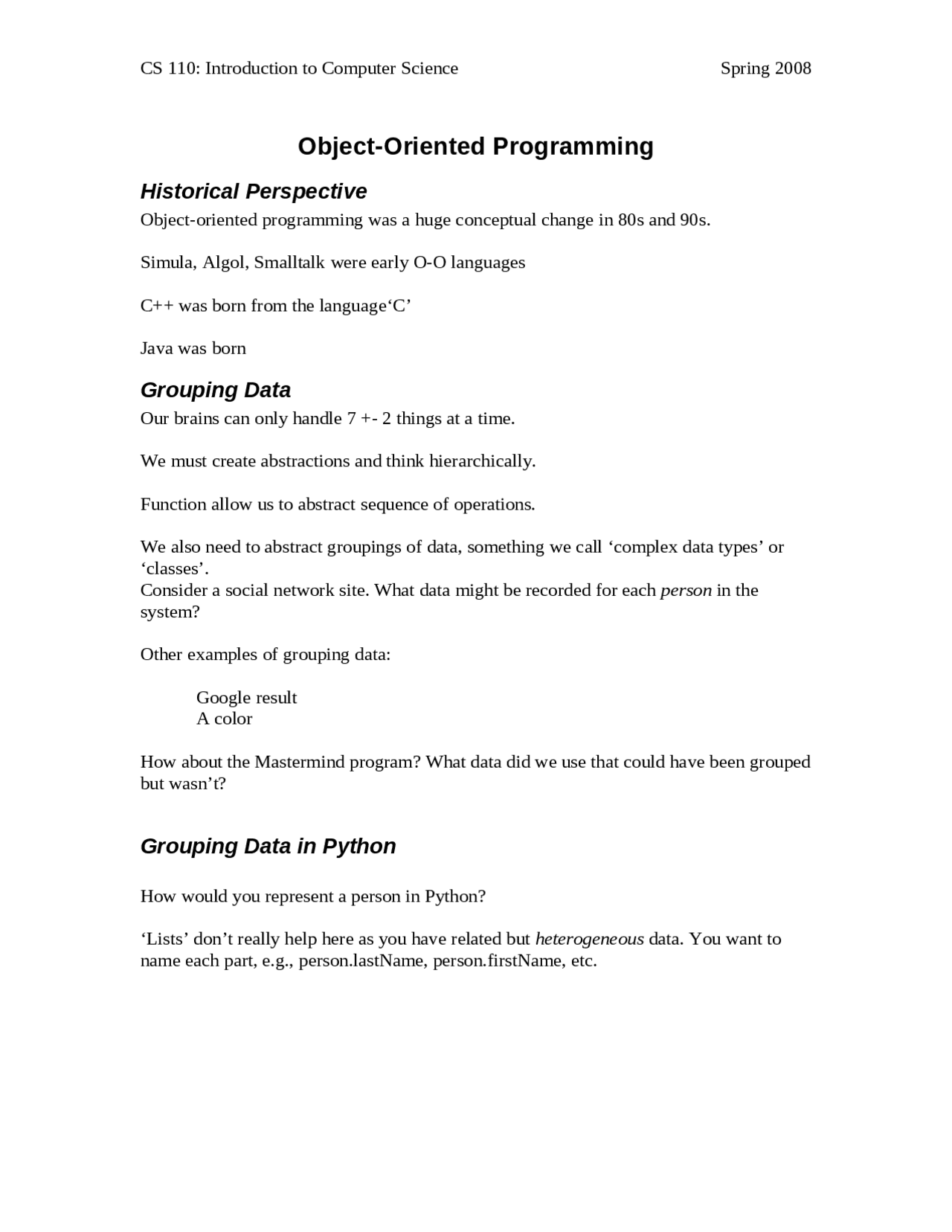 Object Oriented Programming - Introduction to Computer Science I | CS ...