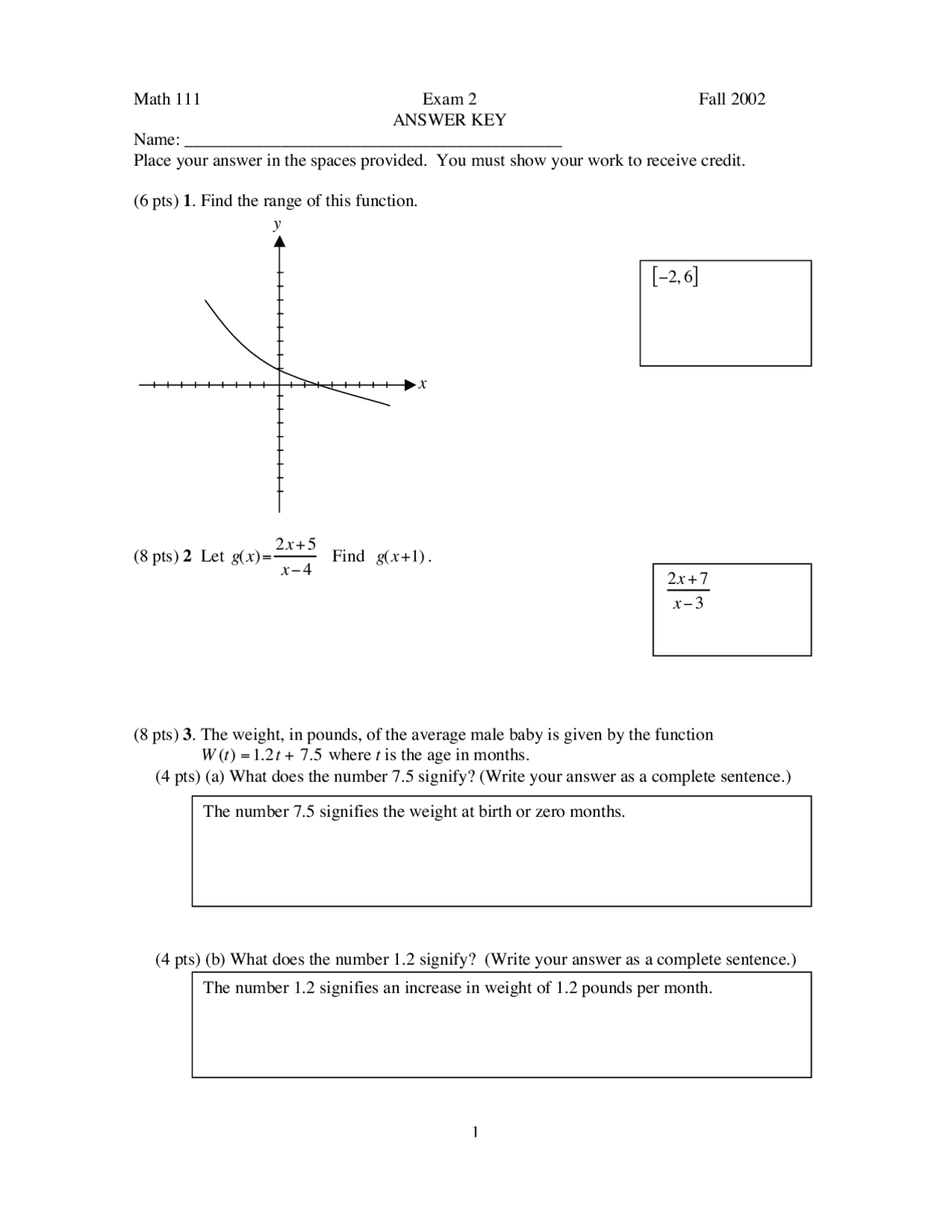 Math 111 Exam 2 Fall 2002 Answer Key | Exams Algebra | Docsity