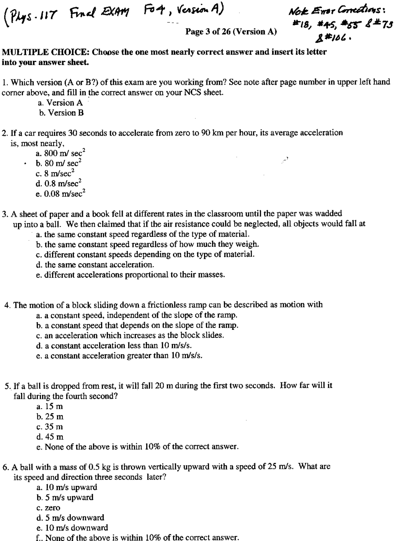 Introduction to Physics - Final Exam | PHYS 117 - Docsity