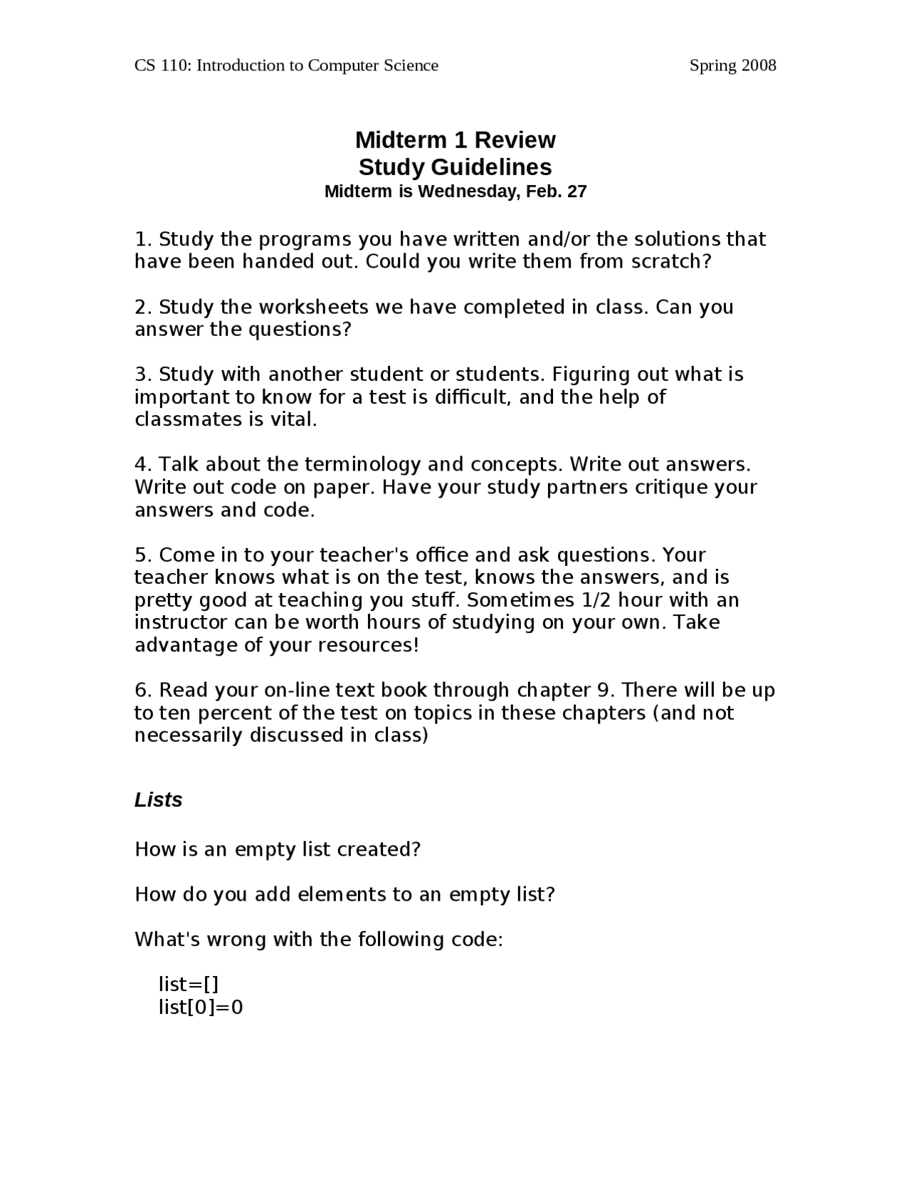 Stud Guide for Midterm Exam 1 - Introduction to Computer Science I | CS ...