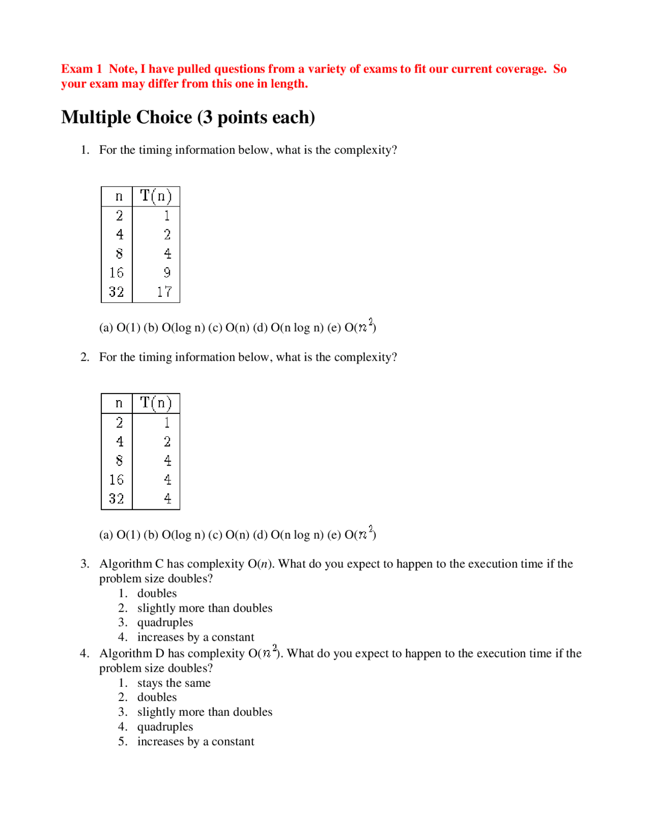 24 Questions on Algorithms and Data Structures - Exam | CS 2420 - Docsity