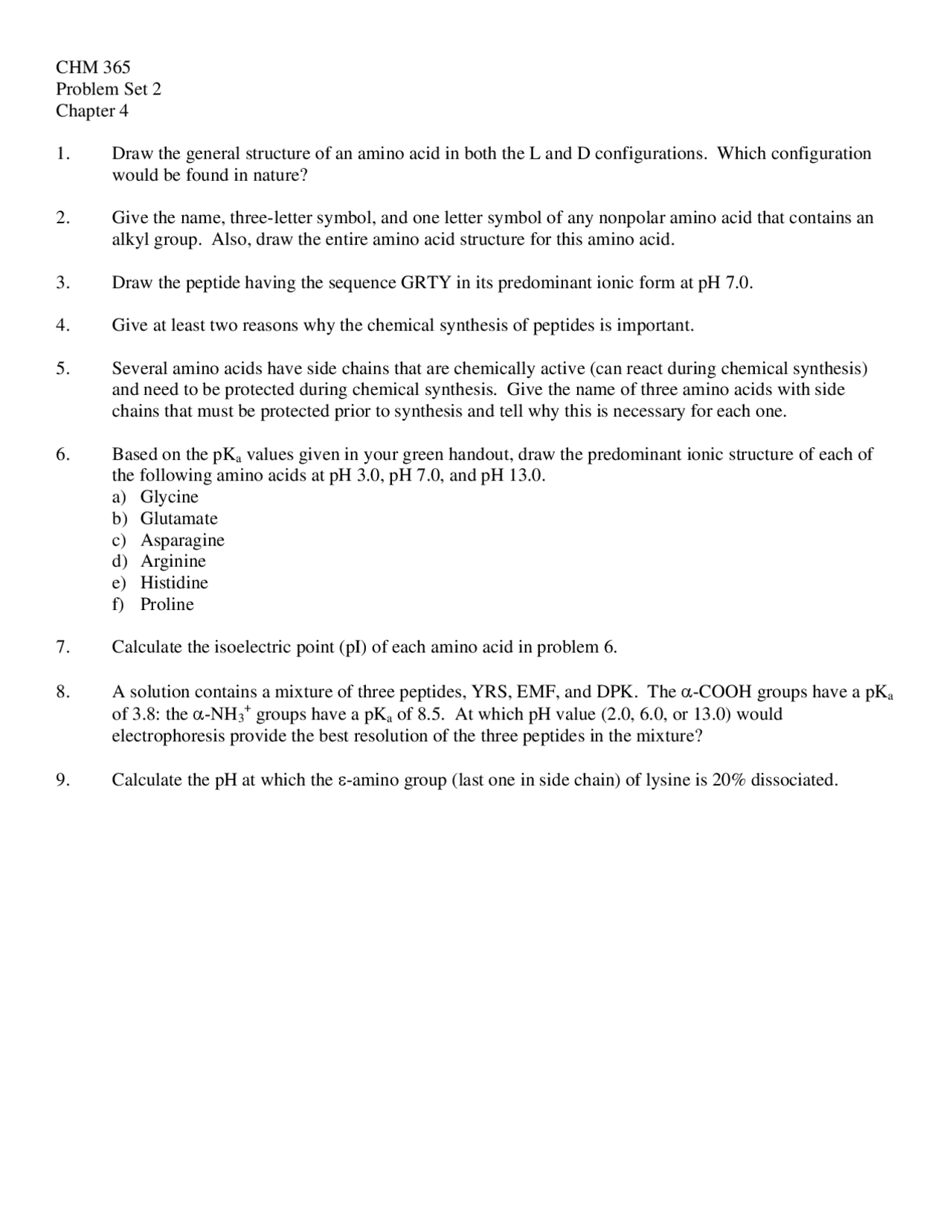 Biochem Problem Problem Set 2 - Introductory Biochemistry | CHM 365 - Docsity