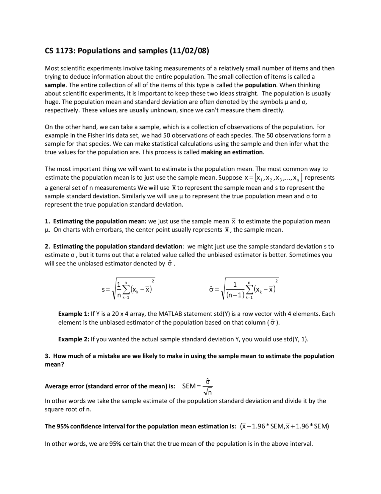 Notes On Population And Samples Data Analysis And Visual Matlab Cs 1173 Docsity