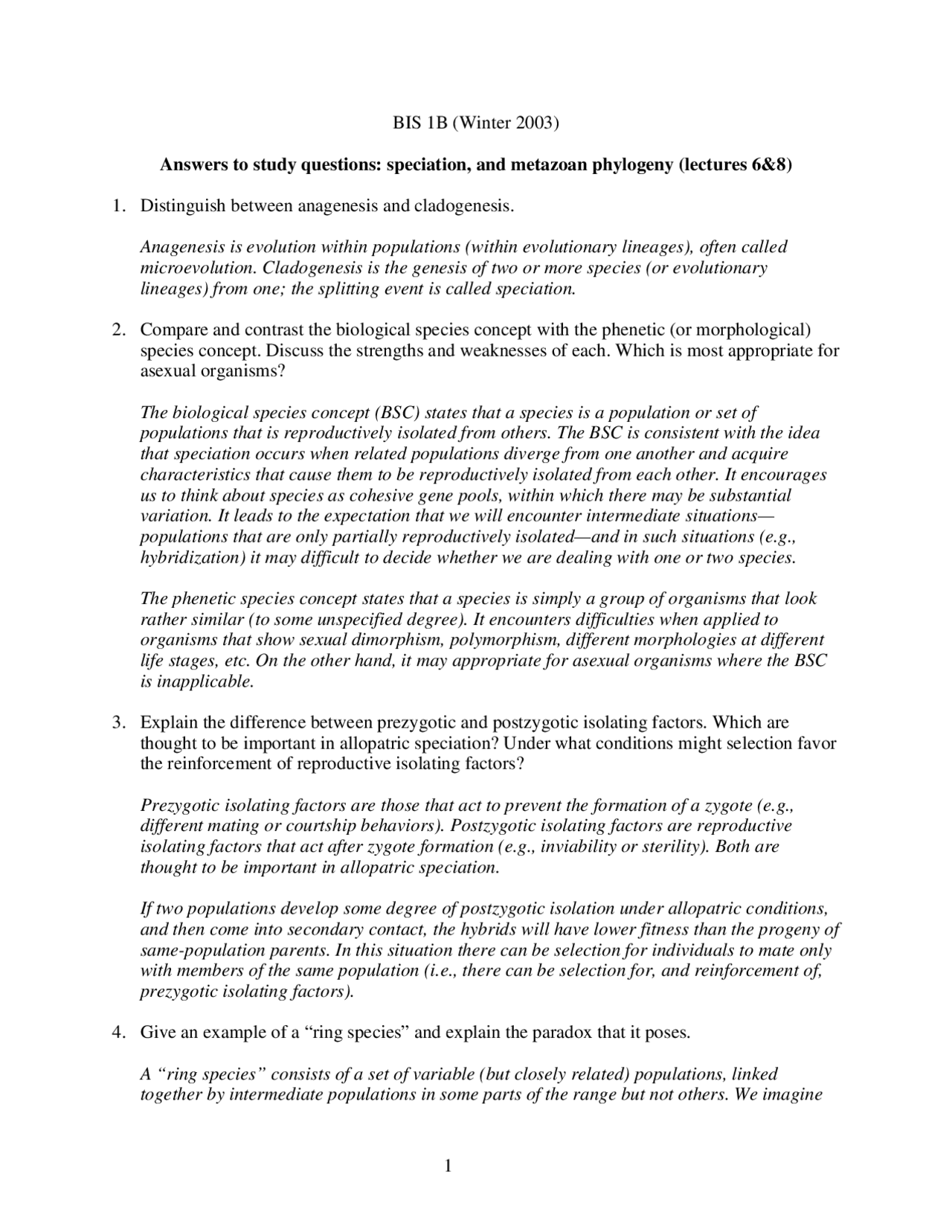 solved options [is Images High Quality Grahic Solved Questions on Speciation and Metazoan Phylogeny | BIS 001B ...