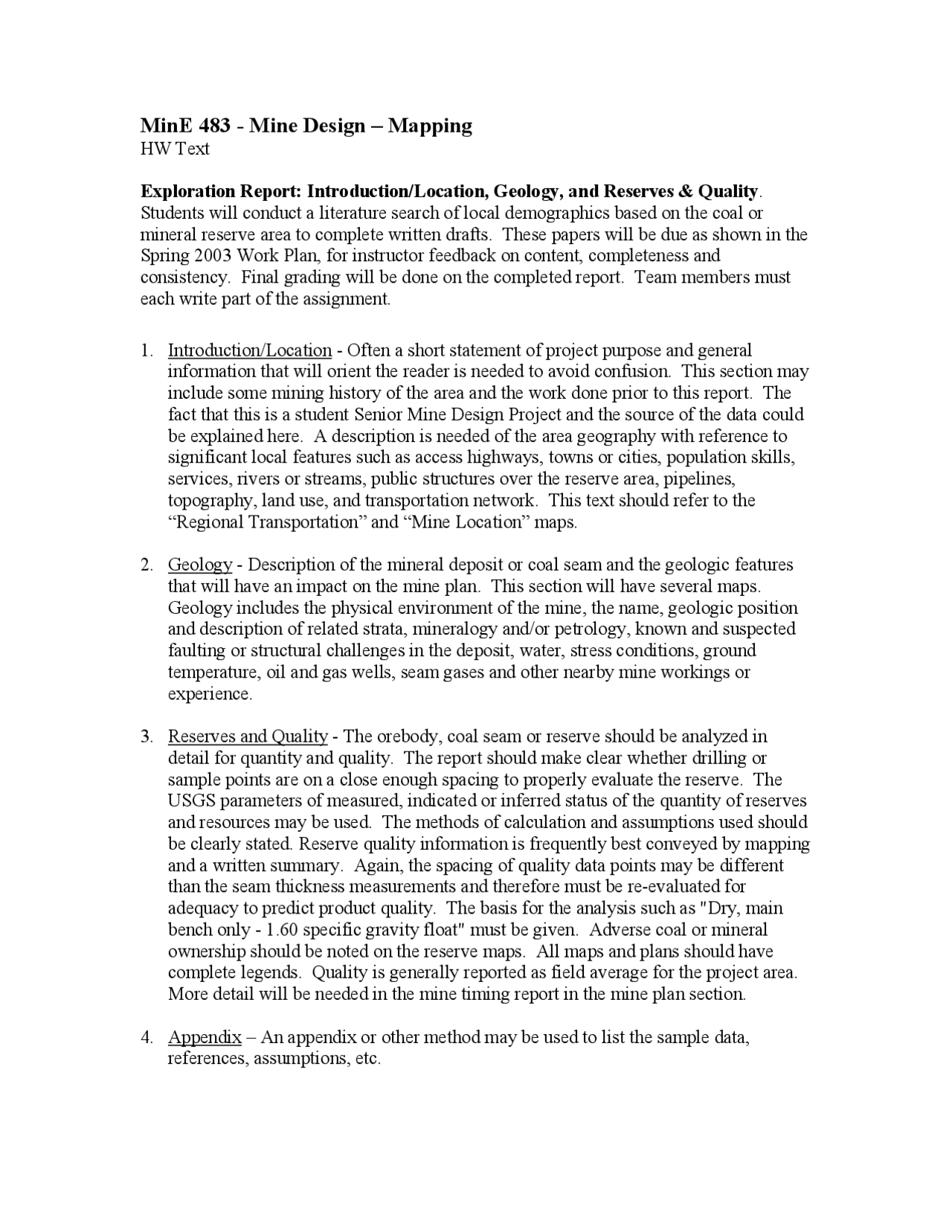 Assignment 1 Questions for Mine Design Mapping | MINE 483 - Docsity