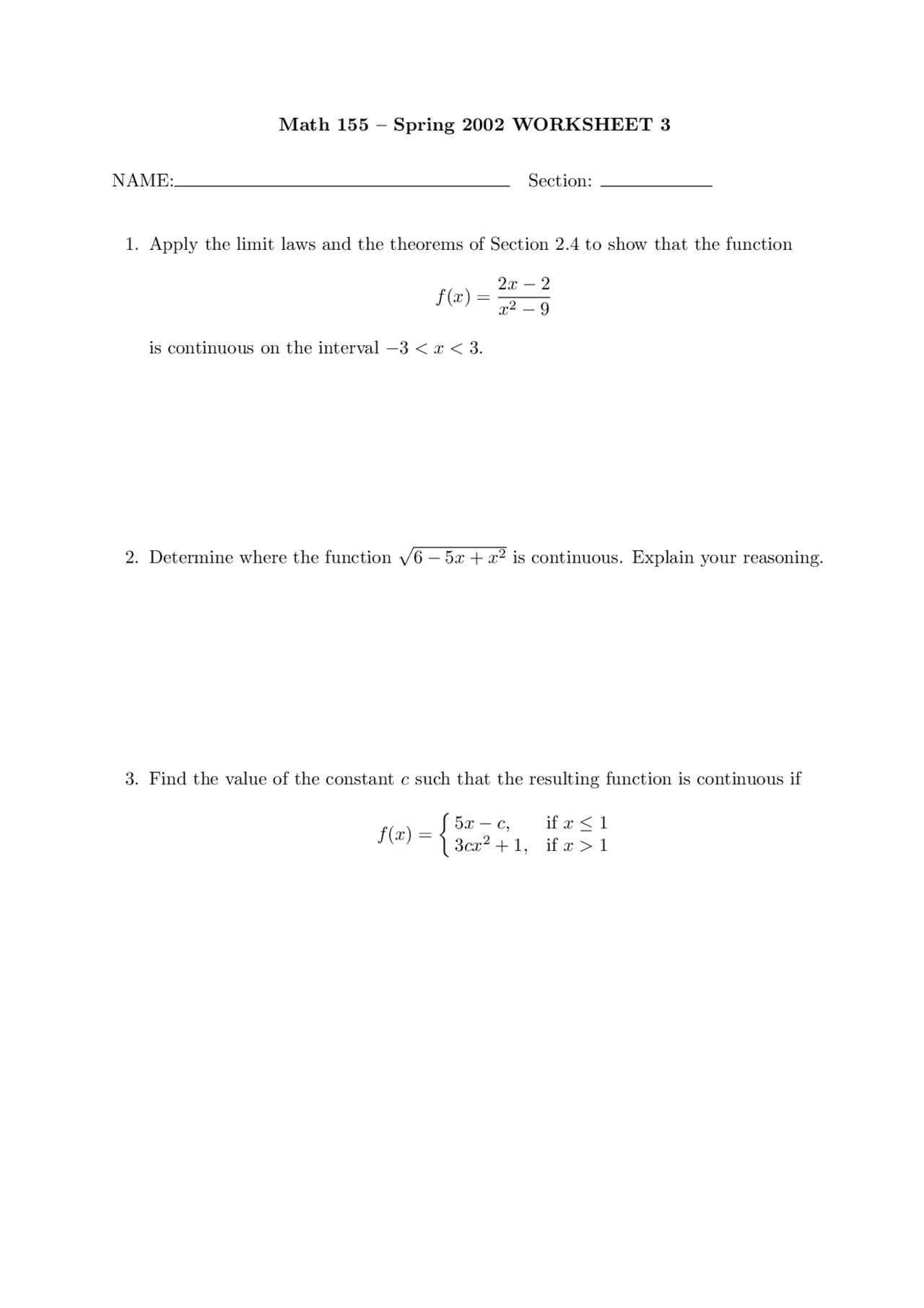 Worksheet 3 | Calculus I - Spring 2002 | MATH 155 - Docsity