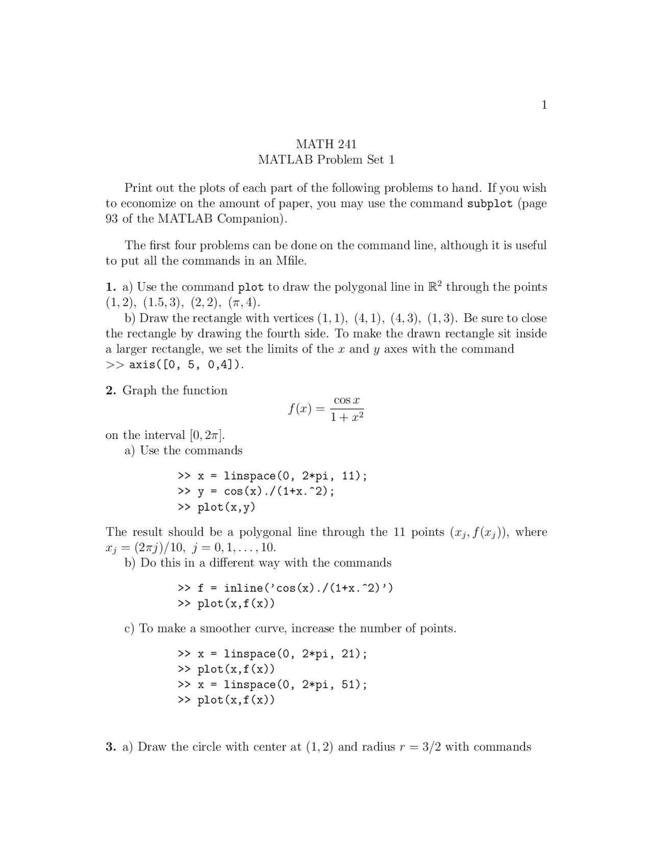 MATLAB Problem Set I for Calculus III | MATH 241 - Docsity