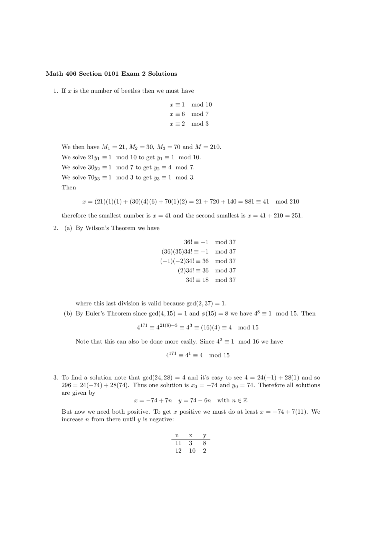 Exam 2 Solutions Introduction To Number Theory MATH 406 Docsity Exam 2 Solutions Introduction To Number Theory MATH 406 Docsity