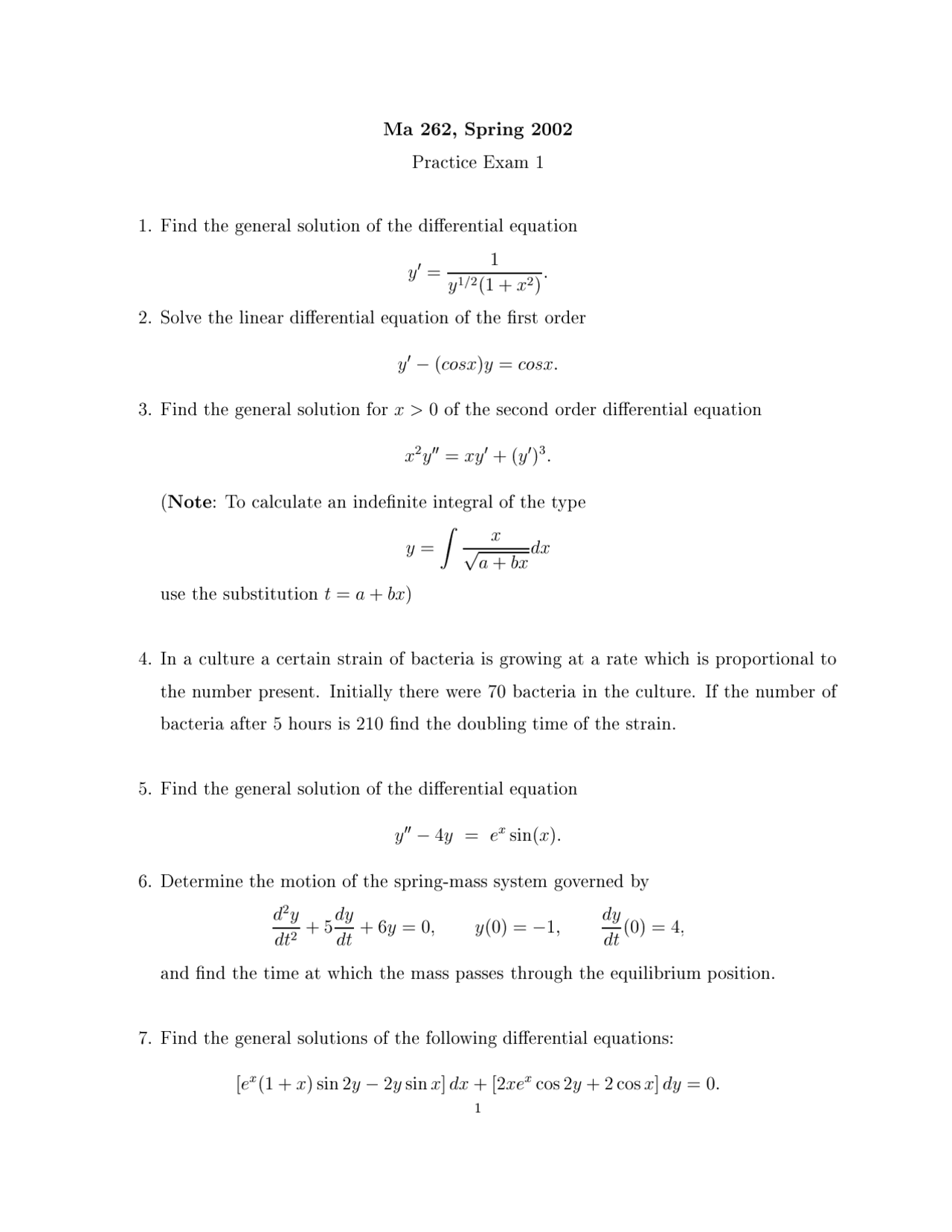 Linear Algebra And Differential Equations Exam 1 MA 26200 Docsity