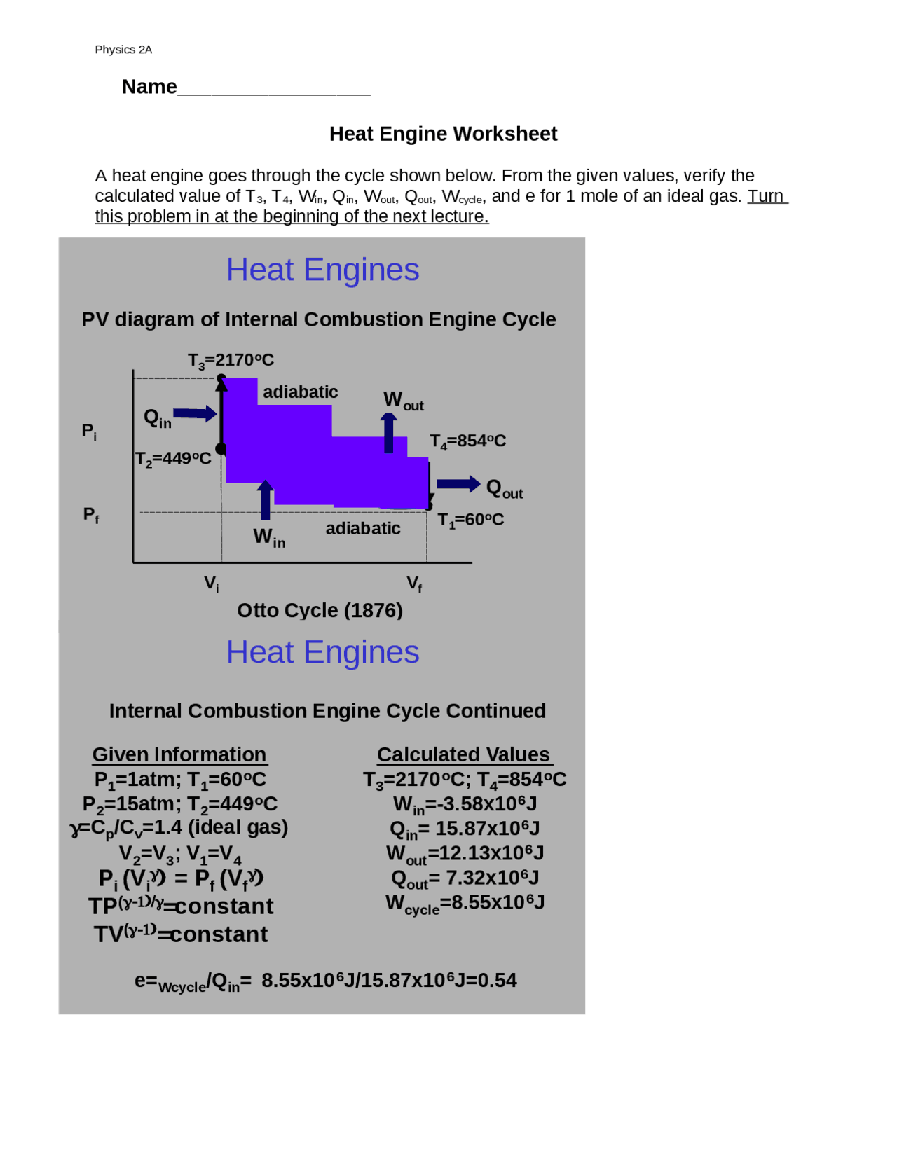Heat Engine Worksheet - Solved Lab | PHYS 0002A - Docsity
