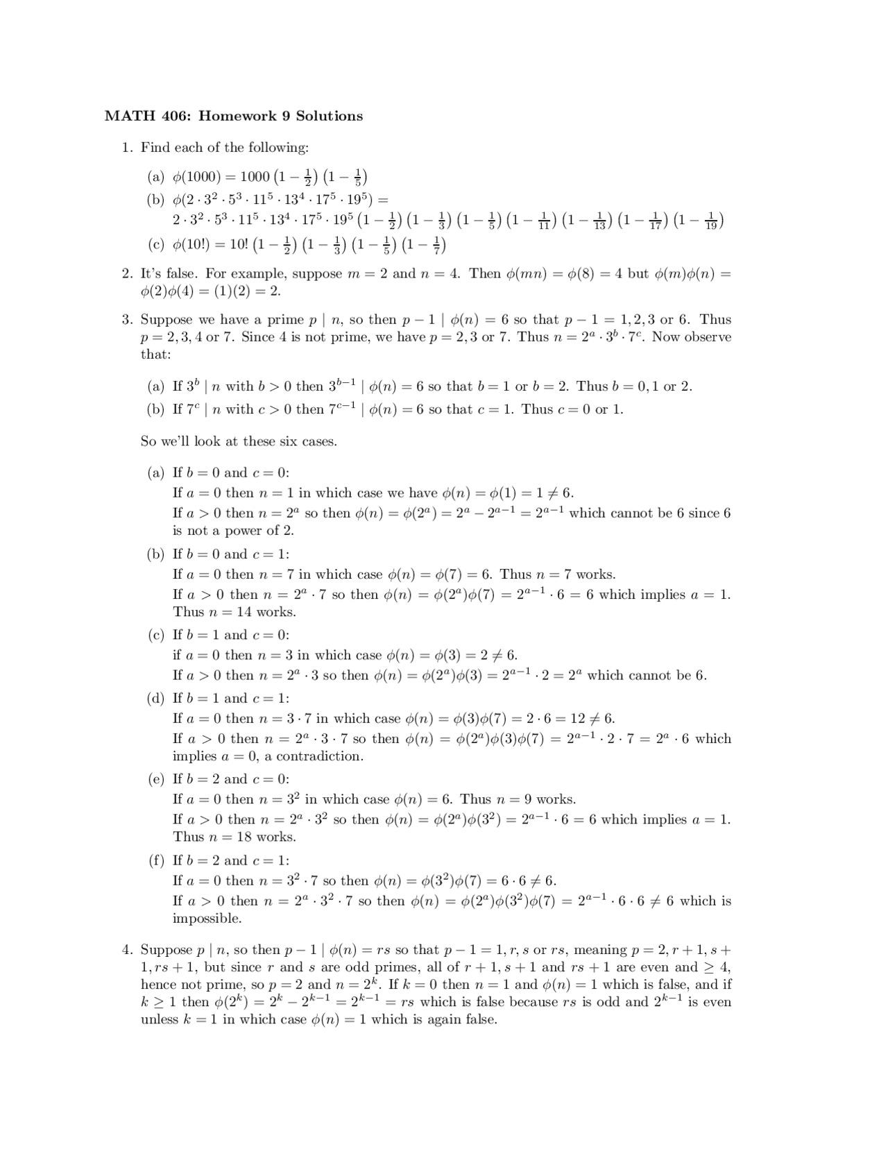 Theory Math Question 7 Solved Problems on the Number Theory - Worksheet 9 | MATH 406 - Docsity