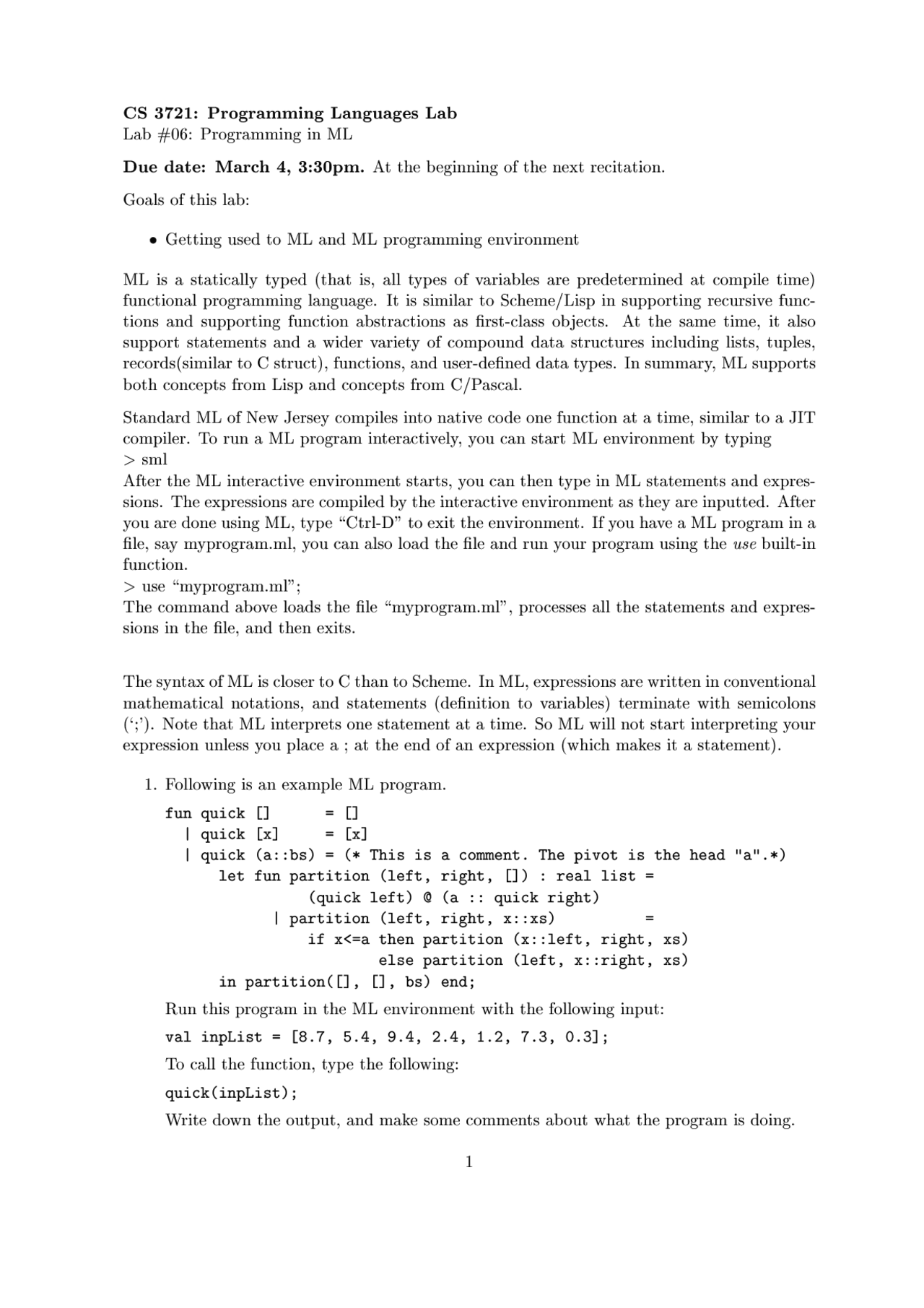 Lab 6: Programming in ML - Programming Languages | CS 3723 | Lab ...