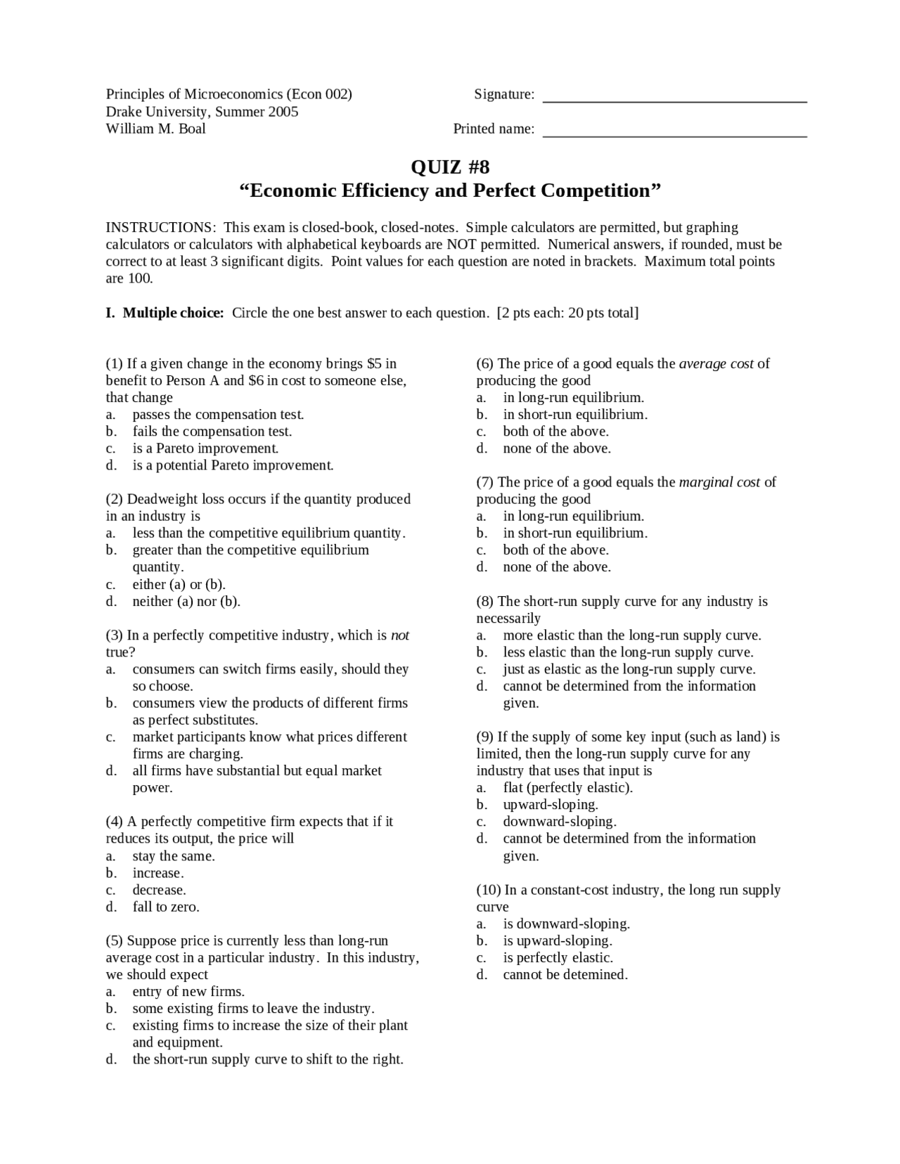 Questions on Principle of Microeconomics - Quiz 8 | ECON 002 - Docsity
