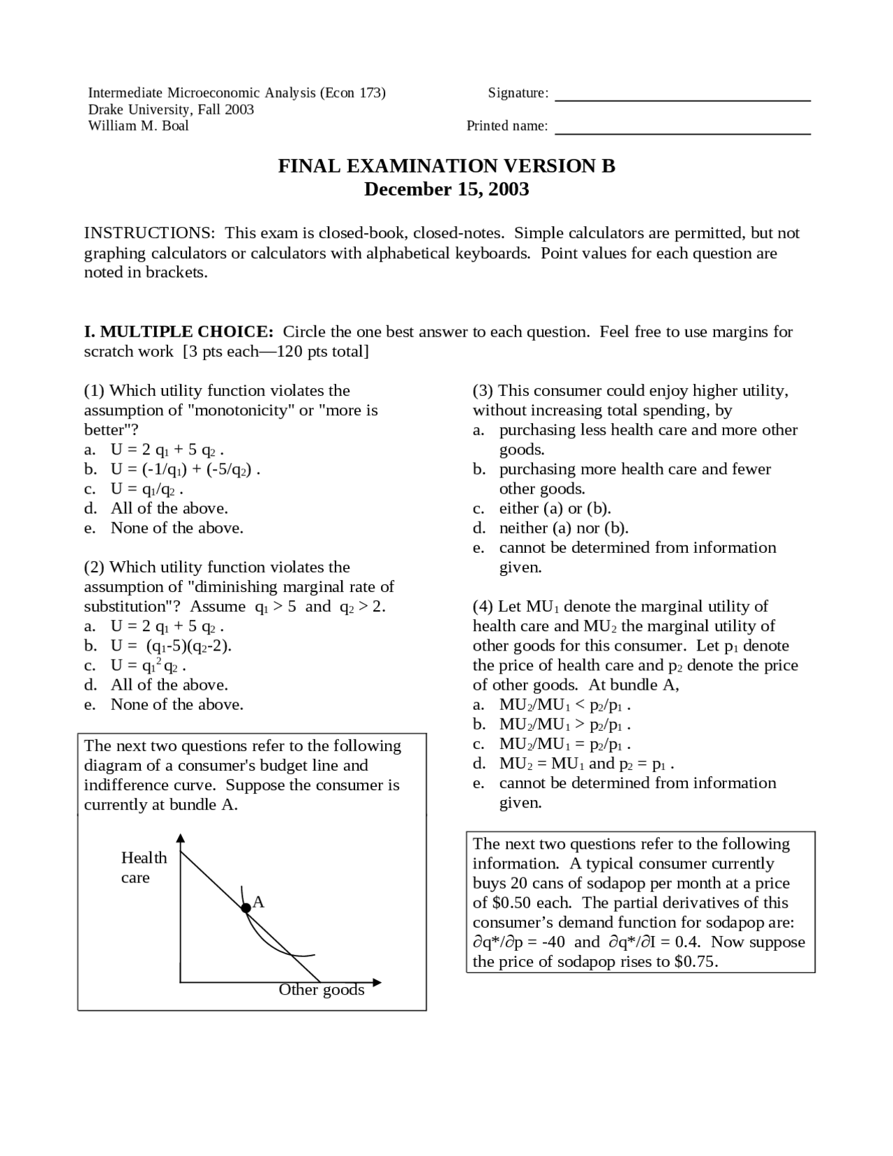 Final Exam Version B Intermediate Microeconomics Analysis Econ 173 Docsity