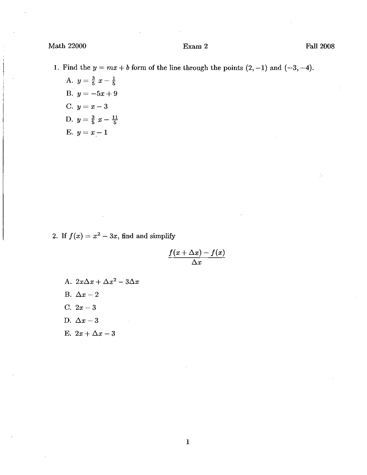 Exam 2 Questions Introduction To Calculus Ma 200 Docsity
