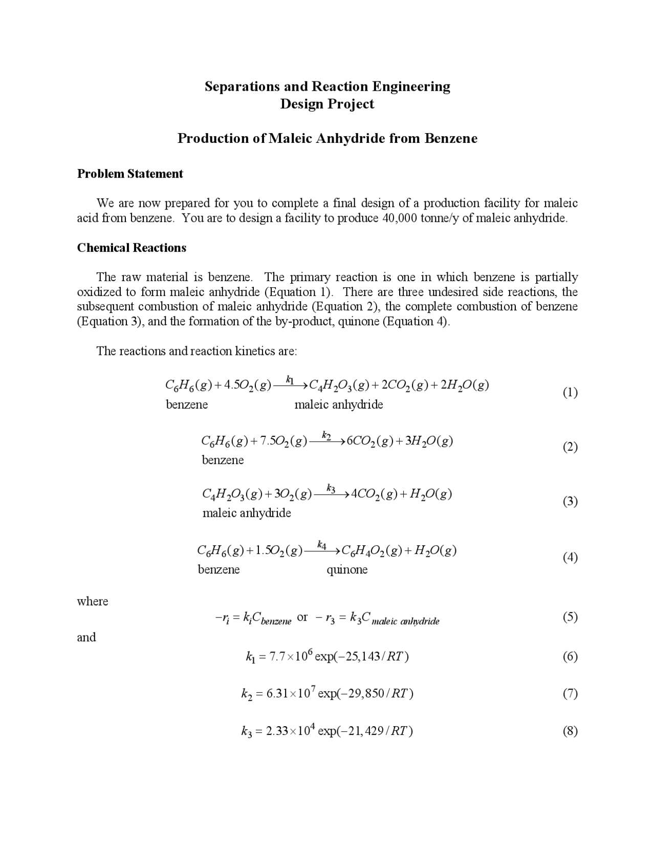 Separation and the Reaction Engineering - Project | CHE T312 - Docsity