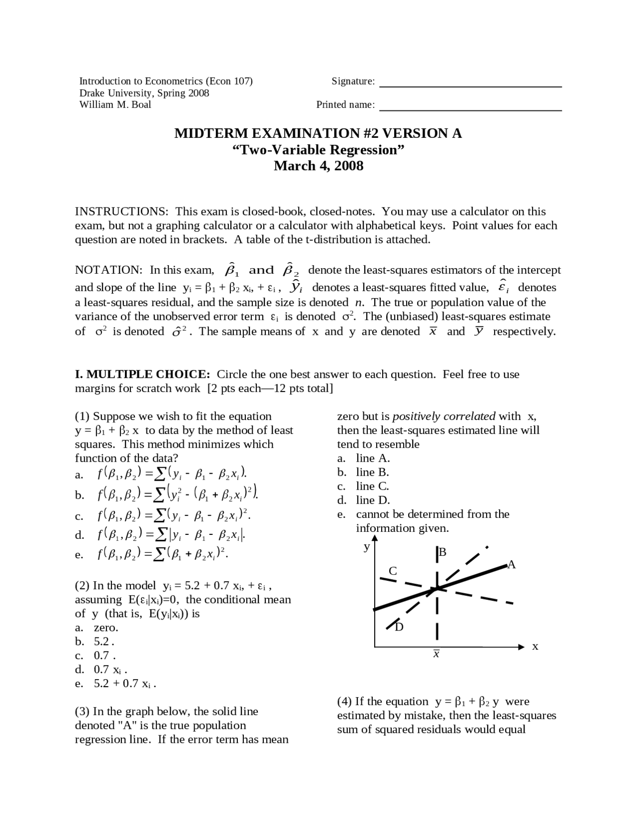 Two Variable Regression Midterm Exam 2 Version A Econ 107 Docsity
