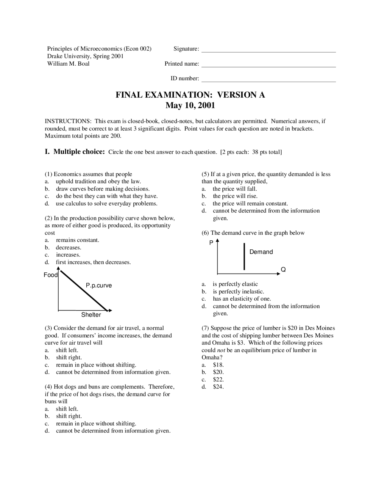 Questions on Principles of Microeconomics - Final Test | ECON 002 - Docsity