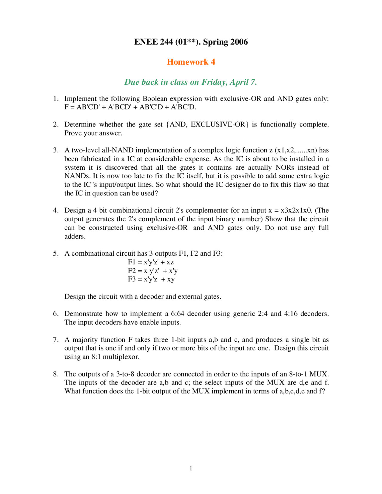 8 Solved Problems on Complex Logic Functions - Homework 4 | ENEE 244 ...