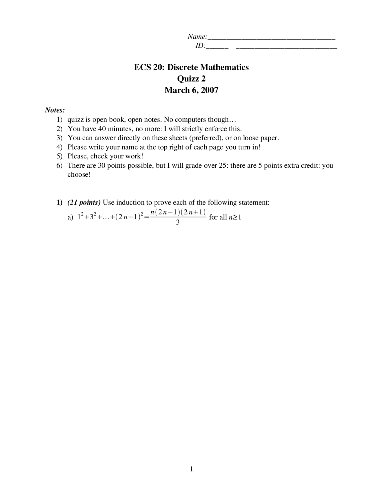 Discrete Math Quiz Example Sample Quiz 2 - Discrete Mathematics | ECS 020 - Docsity