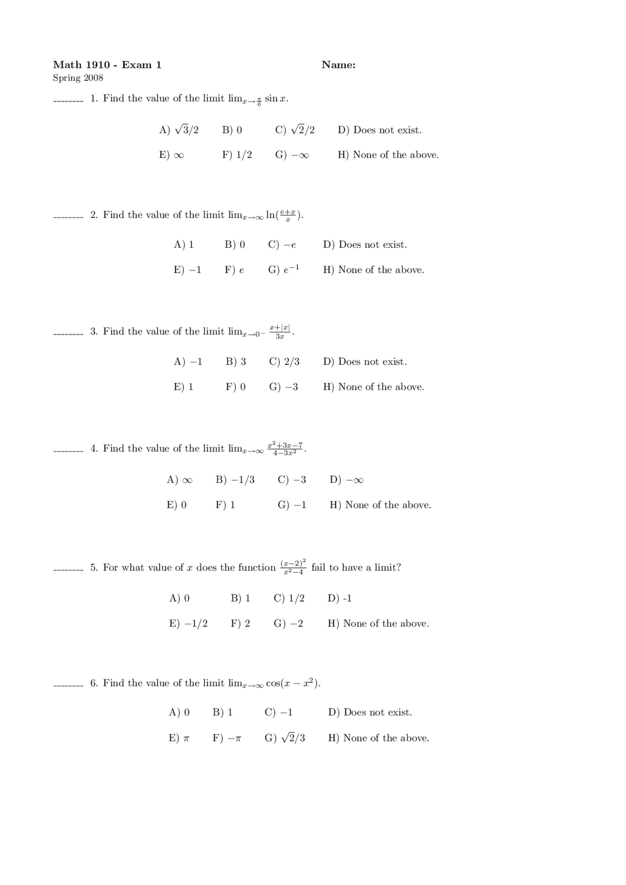 Calculus I Math Questions Answer for Exam 1 Questions - Calculus I | MATH 1910 - Docsity