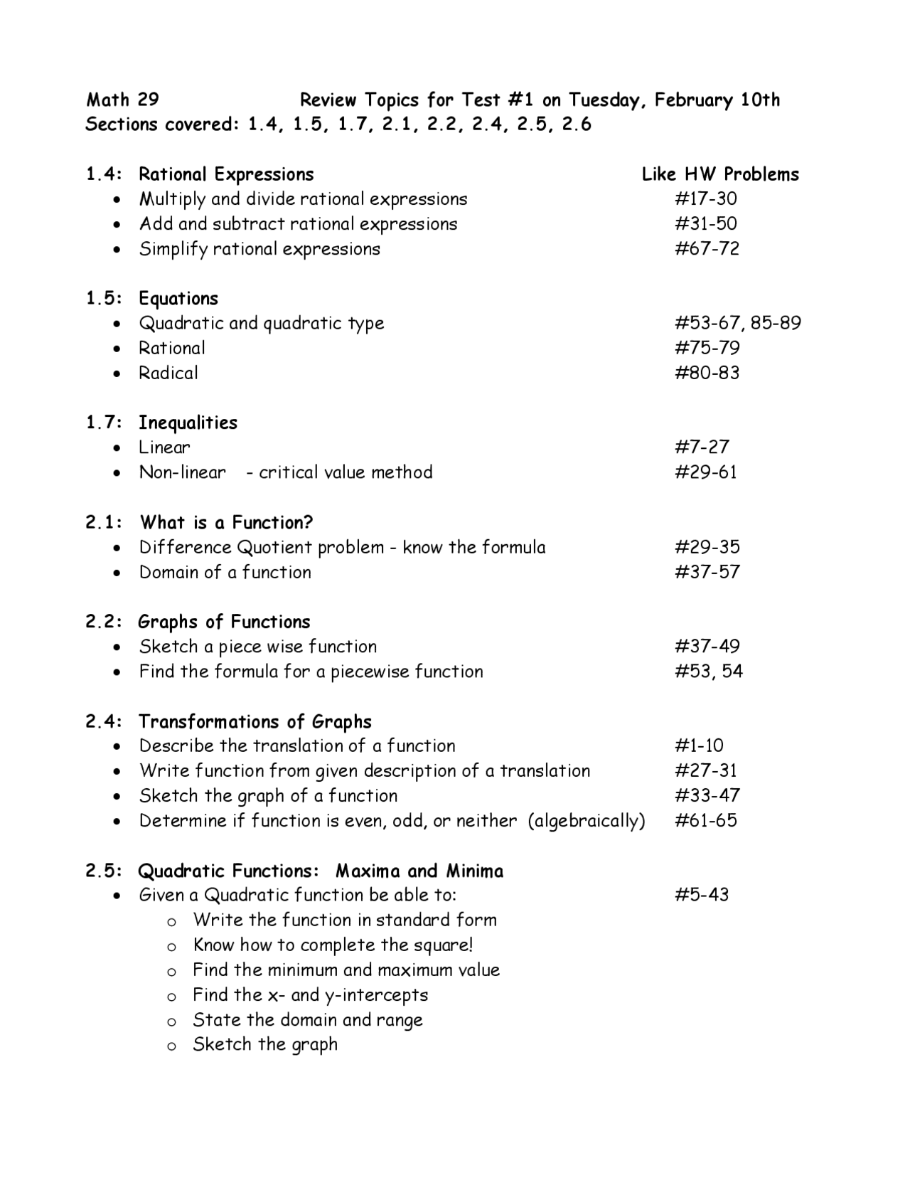 Review for Test 1 - Pre-Calculus Mathematics | MATH 0029 - Docsity