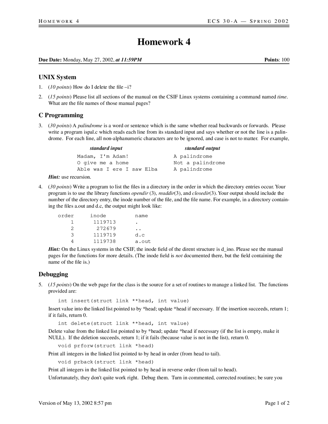 UNIX System, C Programming - Homework | ECS 030 | Assignments Computer  Science | Docsity