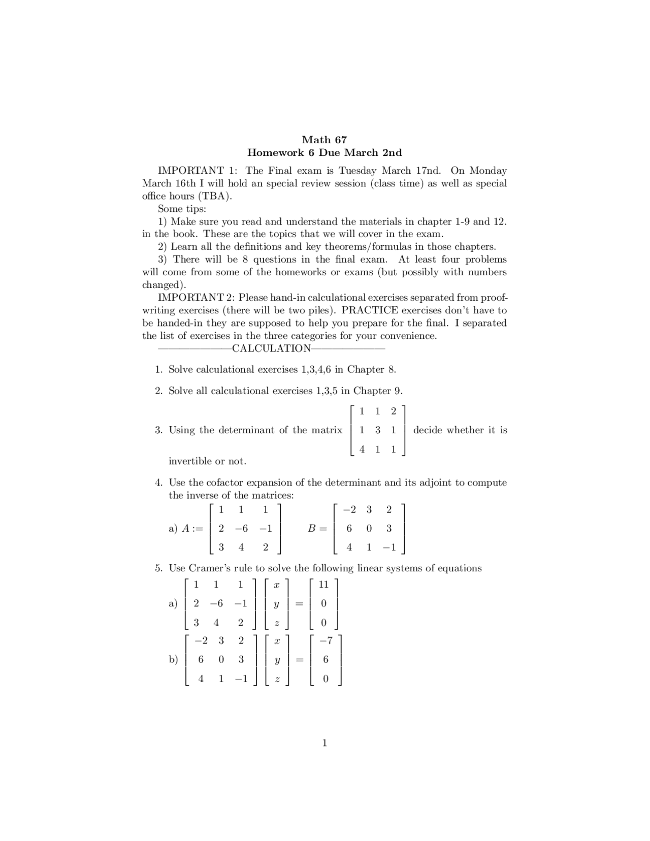 Homework 6 Questions - Modern Linear Algebra | MAT 067 - Docsity
